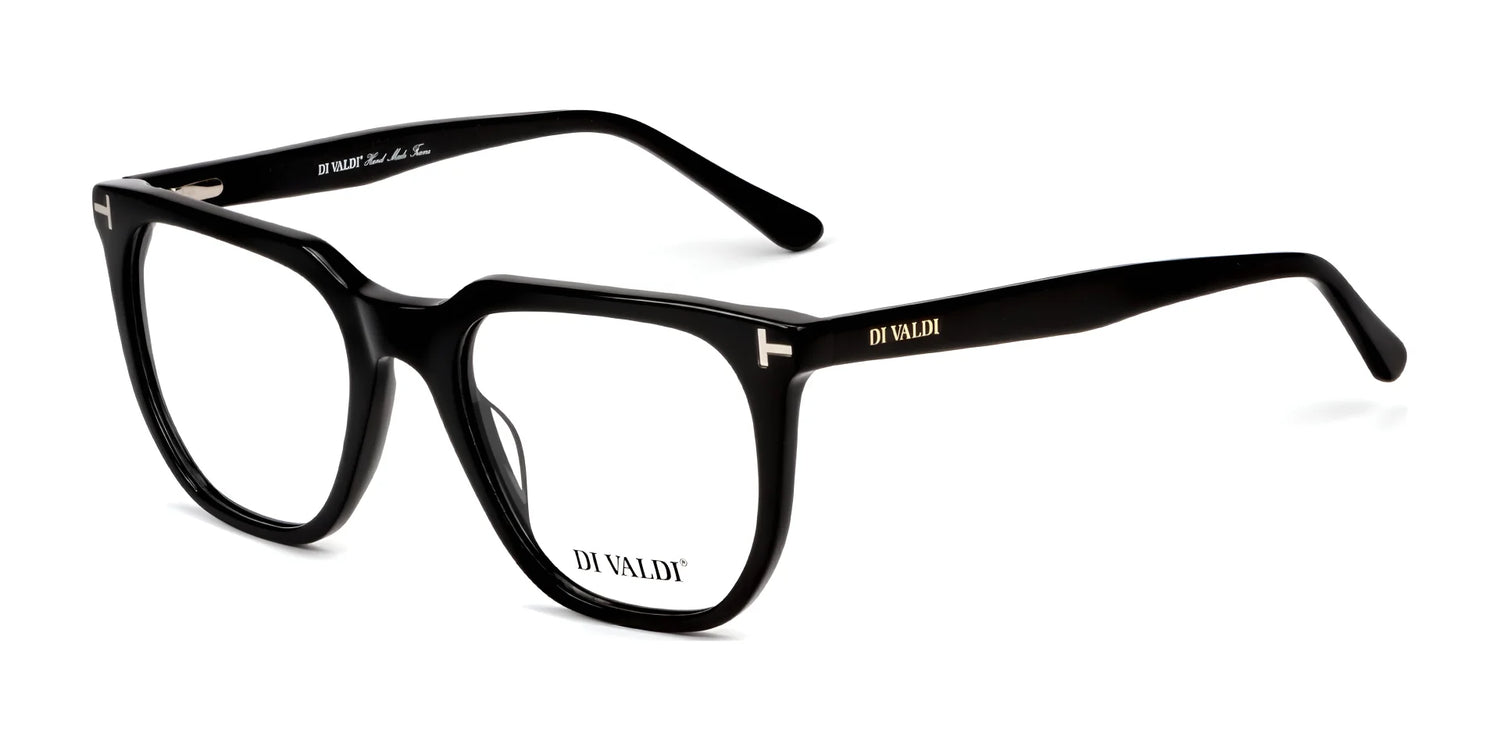 Di Valdi DVO8227 Eyeglasses in black with thick rectangular frames, clear prescription-ready lenses, and "DI VALDI" branding on the inside. Size 53. Di Valdi DVO8227 Eyeglasses in black with thick rectangular frames, clear prescription-ready lenses, and "DI VALDI" branding on the inside. Size 53.