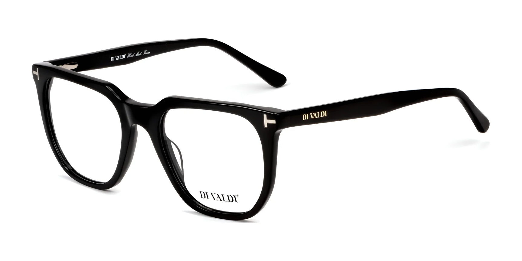 Di Valdi DVO8227 Eyeglasses in black with thick rectangular frames, clear prescription-ready lenses, and "DI VALDI" branding on the inside. Size 53. Di Valdi DVO8227 Eyeglasses in black with thick rectangular frames, clear prescription-ready lenses, and "DI VALDI" branding on the inside. Size 53.