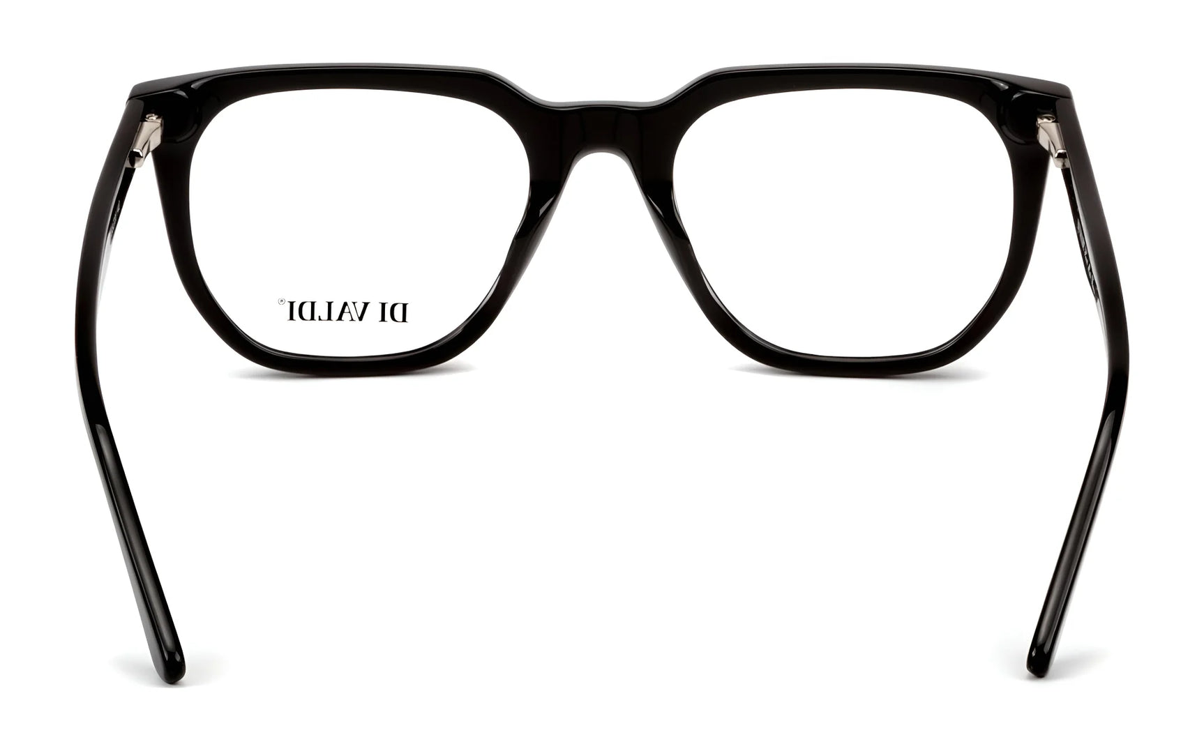 Sleek black rectangular Di Valdi DVO8227 Eyeglasses | Size 53 viewed from the back, featuring "DI VALDI" on one lens. These prescription-ready frames blend style with daily functionality. Sleek black rectangular Di Valdi DVO8227 Eyeglasses | Size 53 viewed from the back, featuring "DI VALDI" on one lens. These prescription-ready frames blend style with daily functionality.