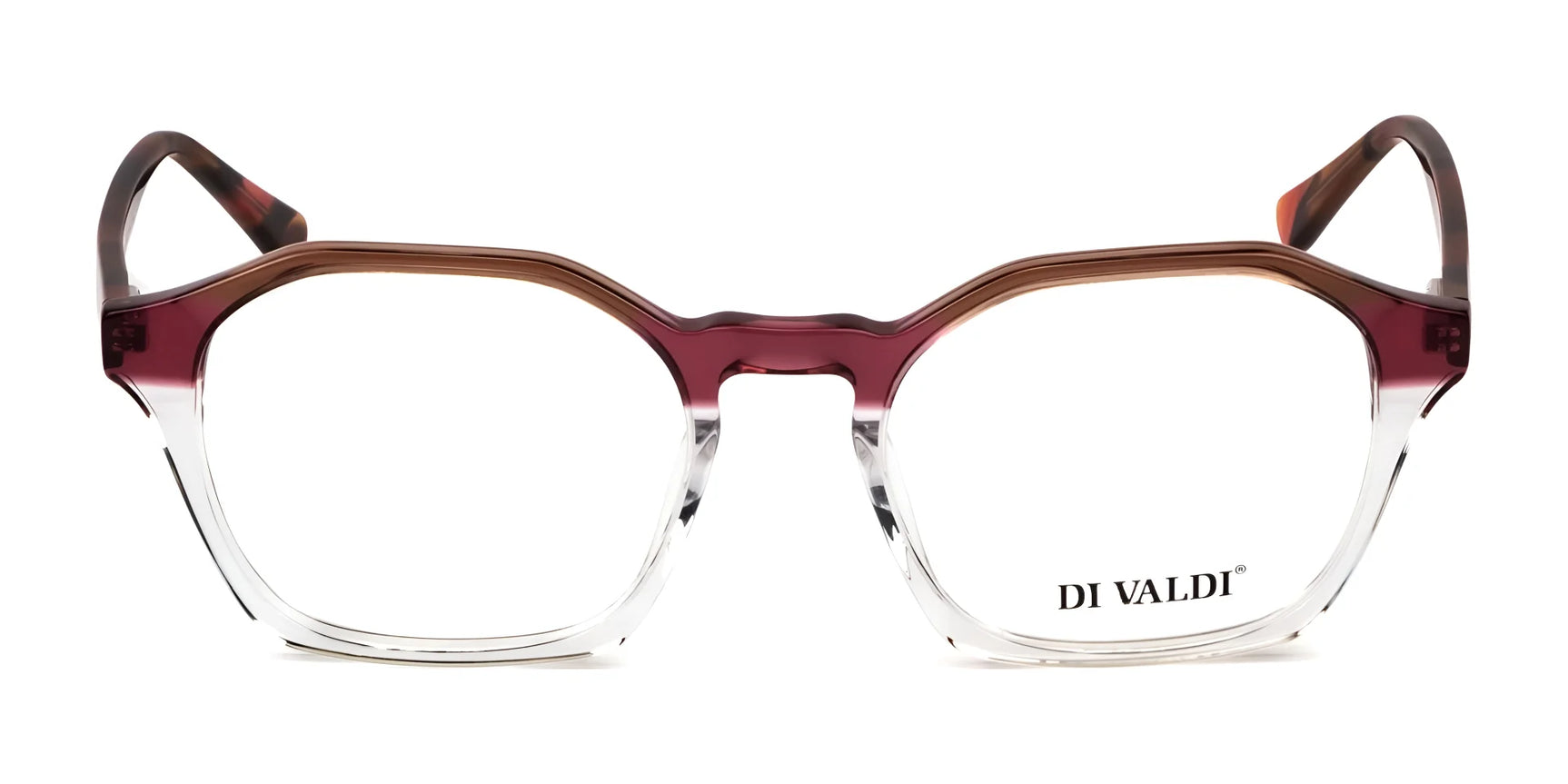 The Di Valdi DVO8230 Eyeglasses in size 53 feature brown and clear square frames, exuding sophistication and luxury, displayed against a white background. The Di Valdi DVO8230 Eyeglasses in size 53 feature brown and clear square frames, exuding sophistication and luxury, displayed against a white background.