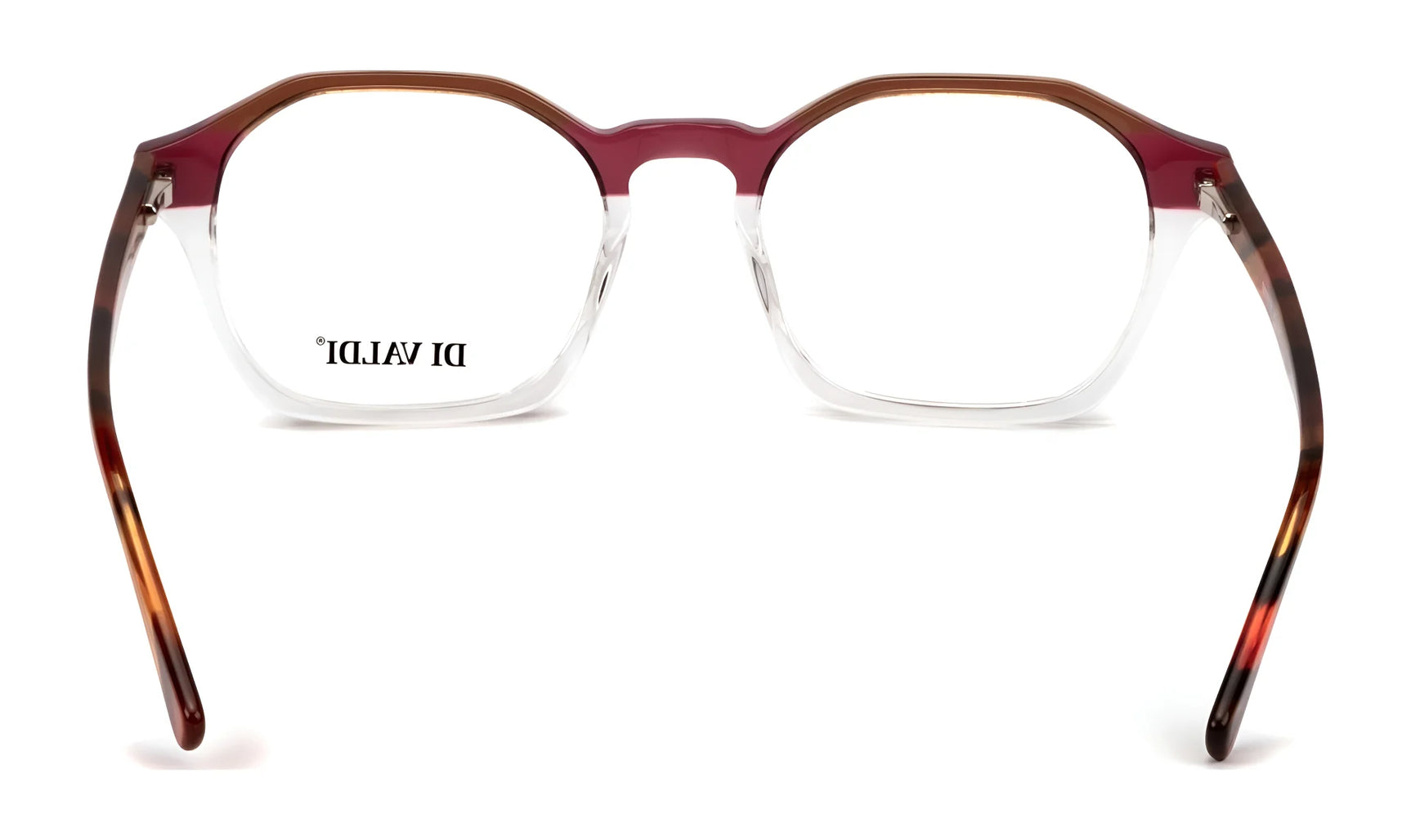 The Di Valdi DVO8230 Eyeglasses in size 53 feature square frames with gradient shades of brown, clear, and burgundy, offering a sophisticated and luxurious look from the backside. The Di Valdi DVO8230 Eyeglasses in size 53 feature square frames with gradient shades of brown, clear, and burgundy, offering a sophisticated and luxurious look from the backside.