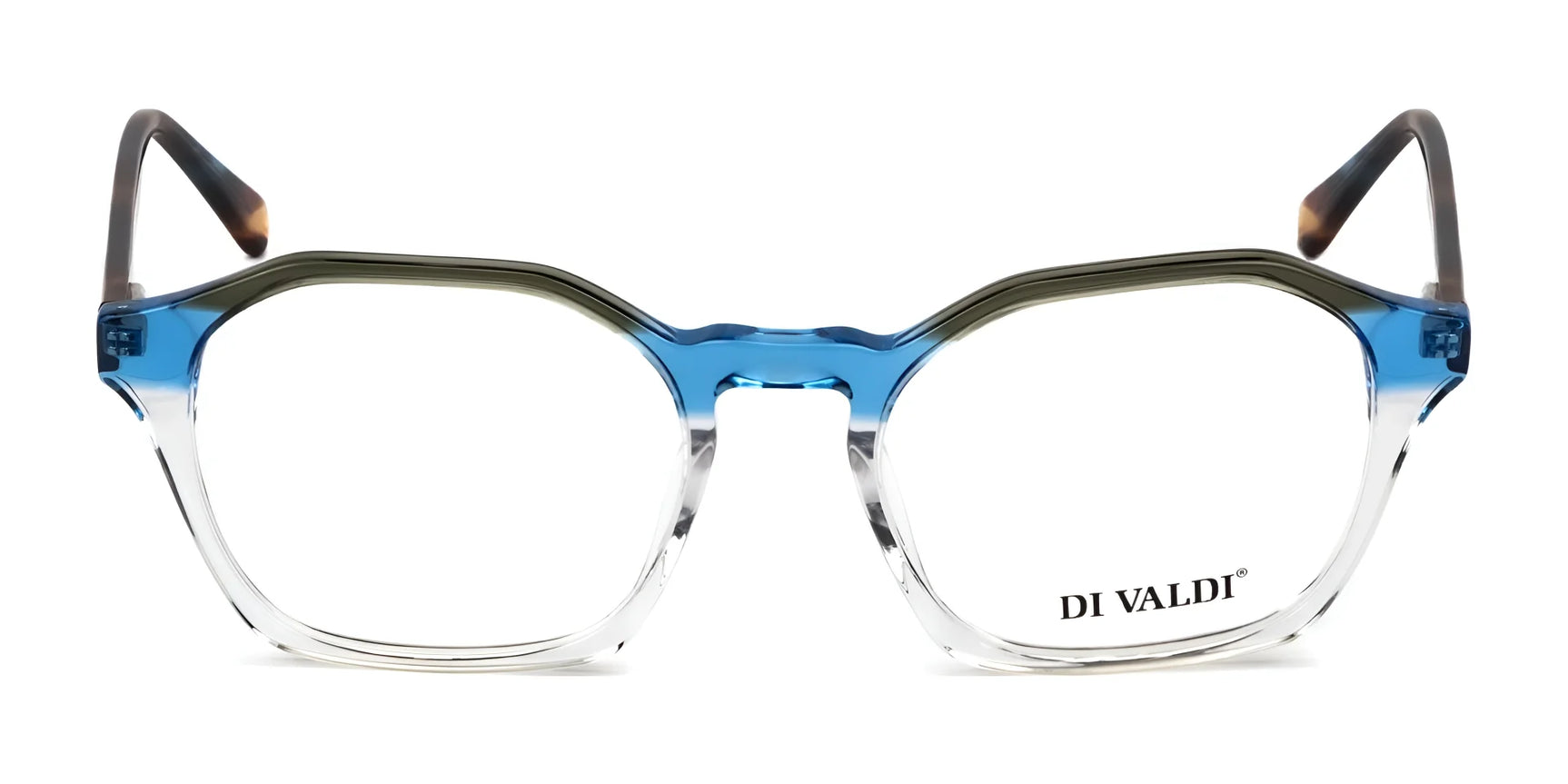 The Di Valdi DVO8230 Eyeglasses | Size 53 feature clear and blue gradient frames with a touch of sophistication, and the "DI VALDI" logo elegantly displayed on the right lens. The Di Valdi DVO8230 Eyeglasses | Size 53 feature clear and blue gradient frames with a touch of sophistication, and the "DI VALDI" logo elegantly displayed on the right lens.