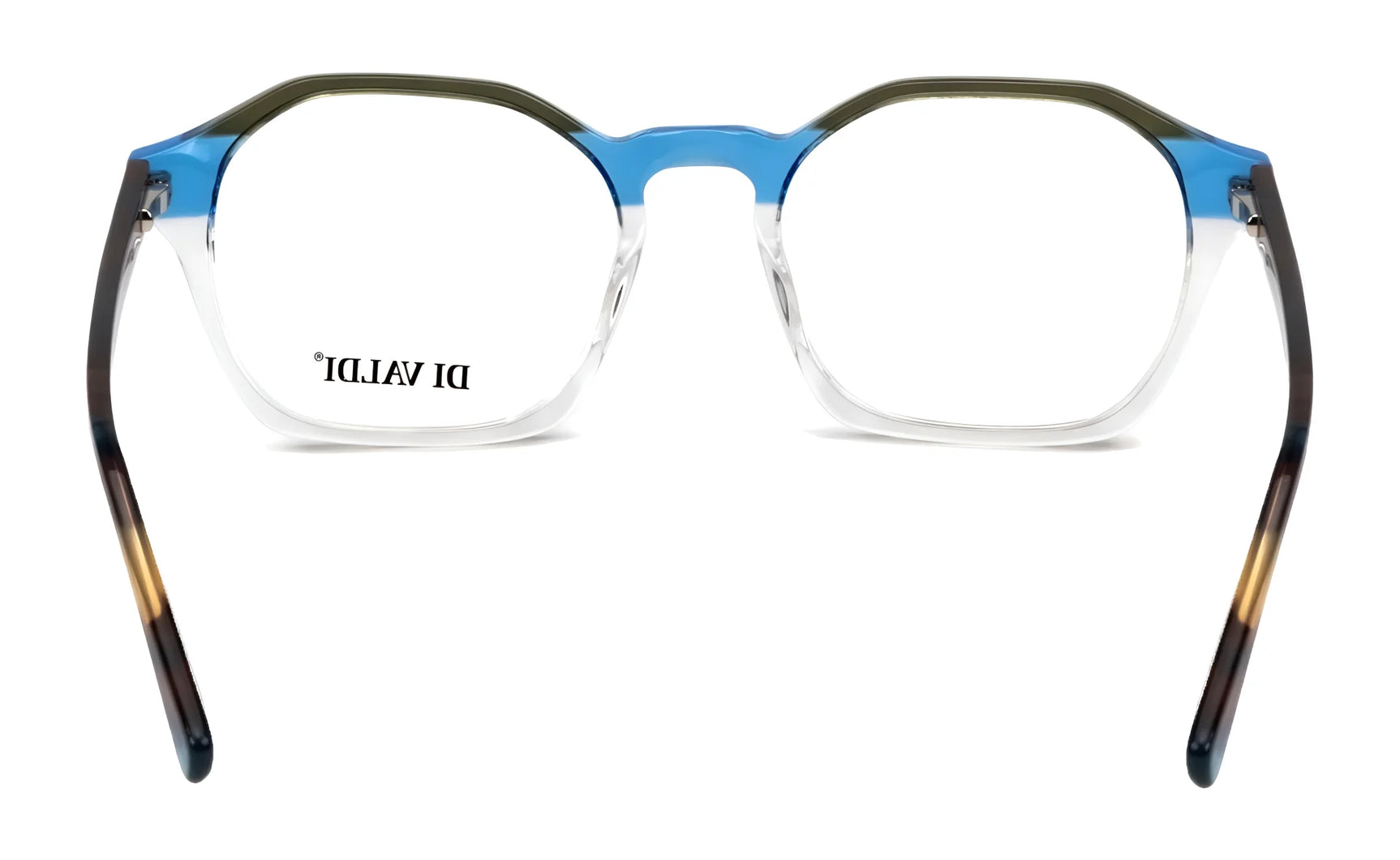 The Di Valdi DVO8230 Eyeglasses | Size 53 feature a hexagonal design with blue tops, clear bottoms, and dark temples, presenting a sophisticated look from the front. The Di Valdi DVO8230 Eyeglasses | Size 53 feature a hexagonal design with blue tops, clear bottoms, and dark temples, presenting a sophisticated look from the front.