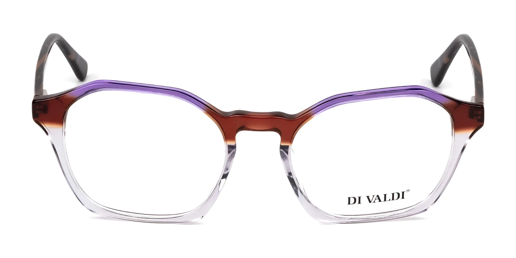 The Di Valdi DVO8230 Eyeglasses (Size 53) feature a chic purple, brown, and clear gradient, with the Di Valdi logo on the right lens—perfect for showcasing sophisticated style. The Di Valdi DVO8230 Eyeglasses (Size 53) feature a chic purple, brown, and clear gradient, with the Di Valdi logo on the right lens—perfect for showcasing sophisticated style.