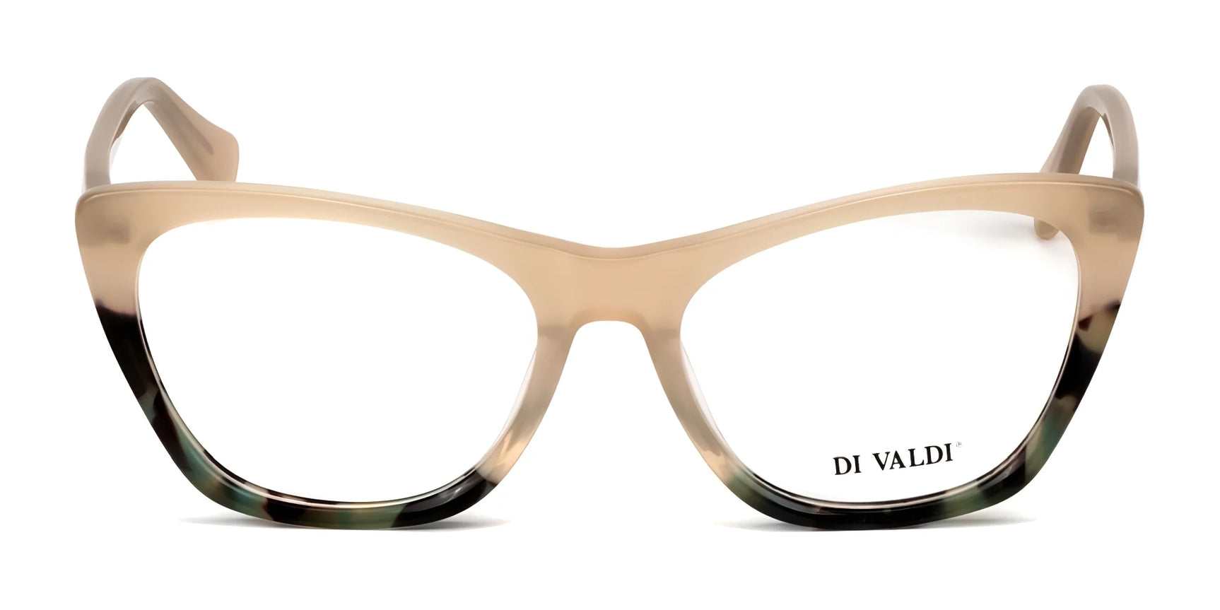 Chic beige and black cat-eye Di Valdi DVO8231 eyeglasses for women, featuring the Di Valdi logo on the right lens—perfect for prescription glasses. Chic beige and black cat-eye Di Valdi DVO8231 eyeglasses for women, featuring the Di Valdi logo on the right lens—perfect for prescription glasses.