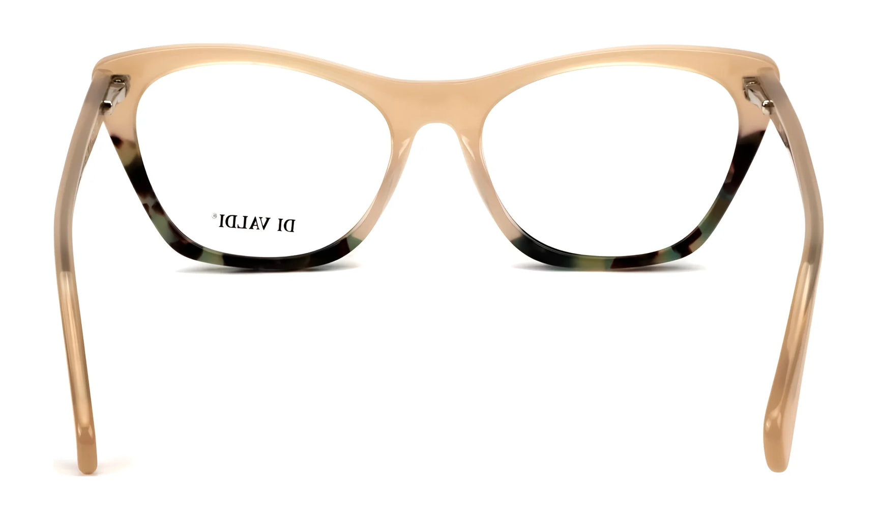 Beige and tortoiseshell Di Valdi DVO8231 Eyeglasses viewed from the back, with “DI VALDI” visible on one lens—elegant women’s prescription glasses by Di Valdi featuring a timeless, classic design. Beige and tortoiseshell Di Valdi DVO8231 Eyeglasses viewed from the back, with “DI VALDI” visible on one lens—elegant women’s prescription glasses by Di Valdi featuring a timeless, classic design.