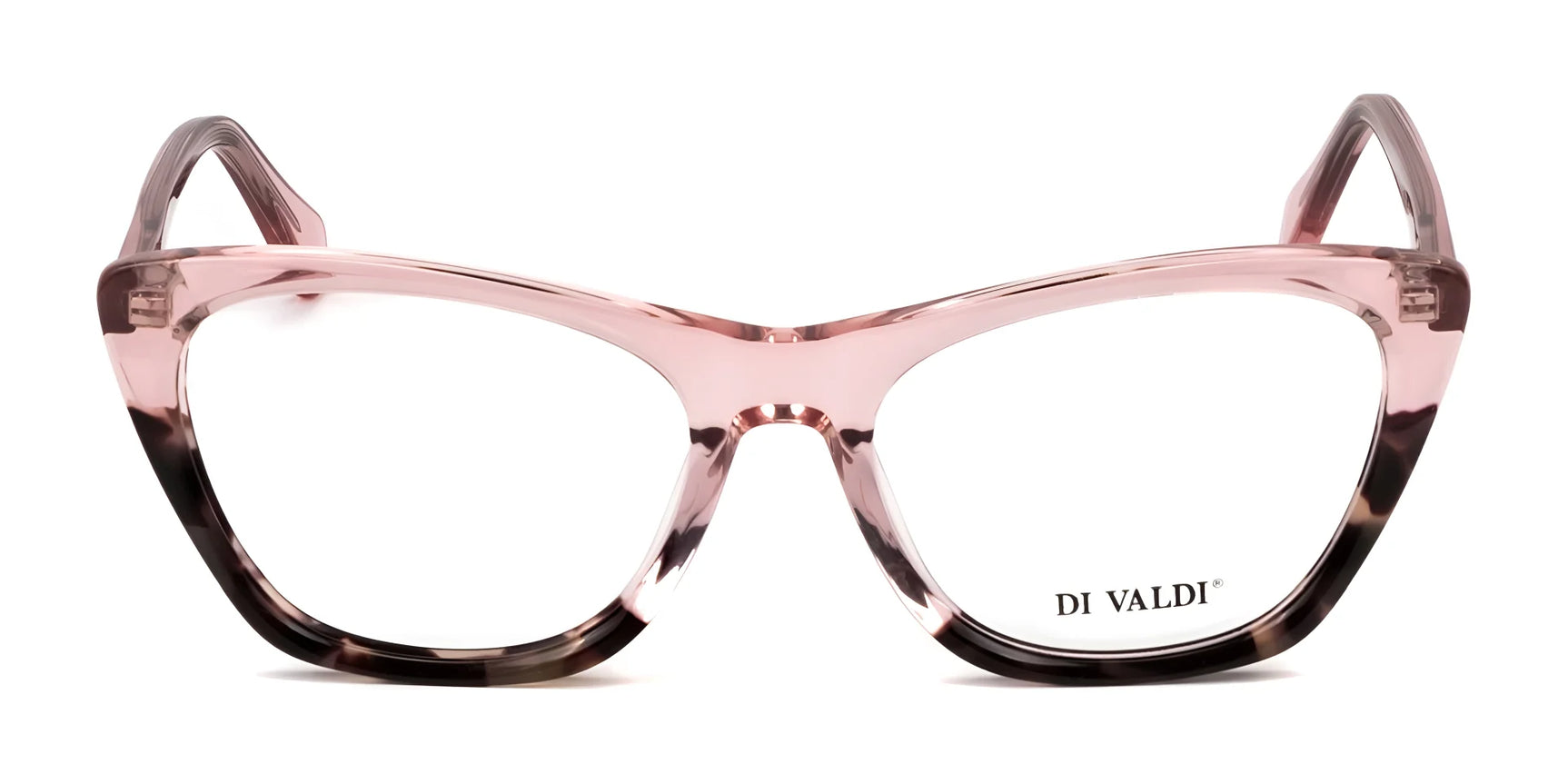 The Di Valdi DVO8231 Eyeglasses feature pink and black cat-eye frames with clear lenses and the "DI VALDI" logo on the lower right lens—stylish eyewear from Di Valdi, ideal for women’s prescription glasses. The Di Valdi DVO8231 Eyeglasses feature pink and black cat-eye frames with clear lenses and the "DI VALDI" logo on the lower right lens—stylish eyewear from Di Valdi, ideal for women’s prescription glasses.