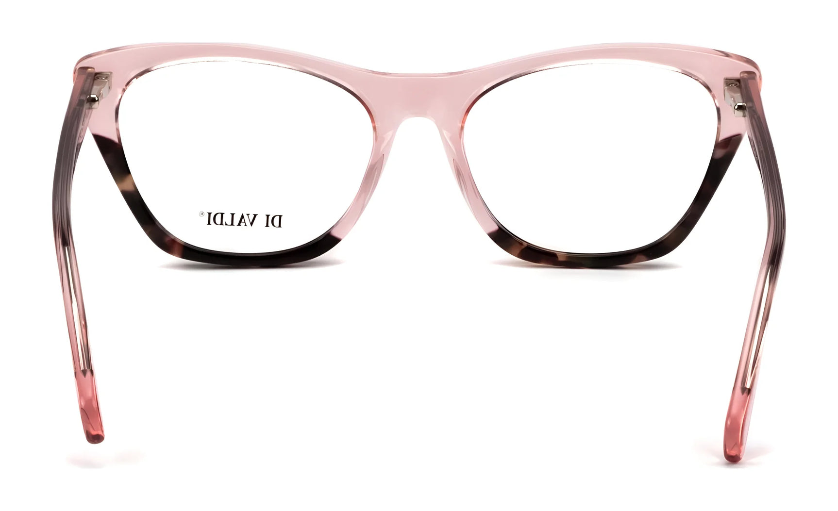 Di Valdi DVO8231 Eyeglasses by Di Valdi are pink, transparent women’s prescription glasses with brown accents and a chic cat eye design, displayed front-facing on a white background. Di Valdi DVO8231 Eyeglasses by Di Valdi are pink, transparent women’s prescription glasses with brown accents and a chic cat eye design, displayed front-facing on a white background.