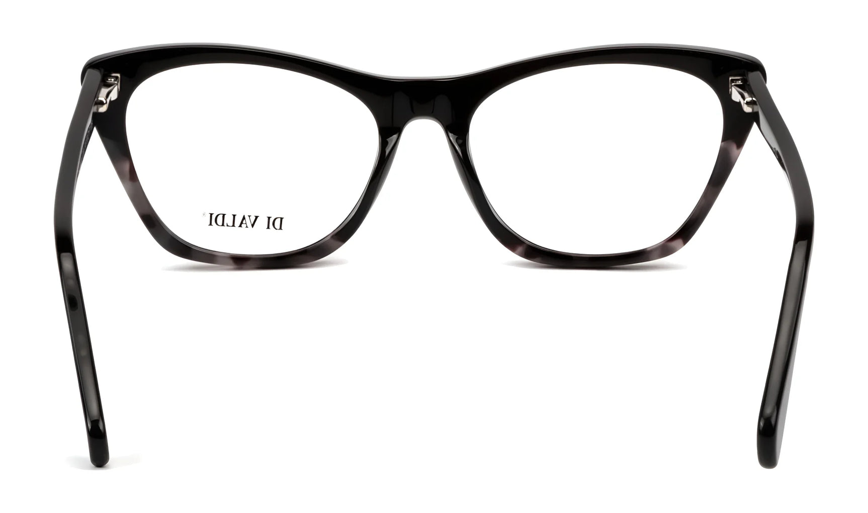 Black rectangular Di Valdi DVO8231 Eyeglasses viewed from behind, featuring "DI VALDI" text on the left lens—ideal for women seeking stylish prescription glasses. Black rectangular Di Valdi DVO8231 Eyeglasses viewed from behind, featuring "DI VALDI" text on the left lens—ideal for women seeking stylish prescription glasses.