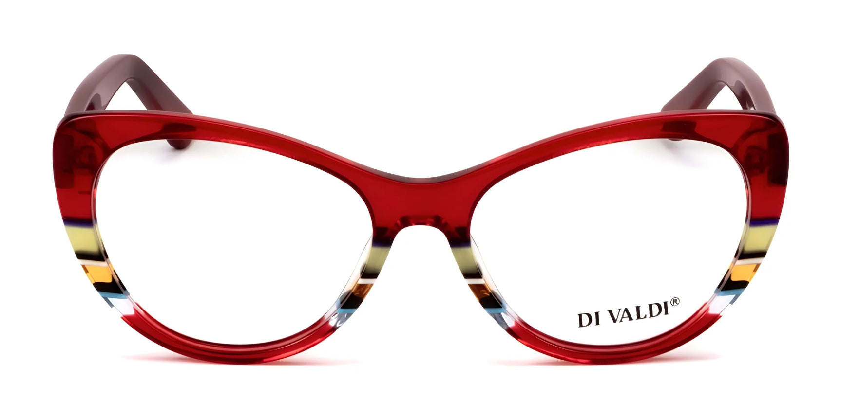 Di Valdi DVO8239 Eyeglasses | Size 54: Red full-rim cat eye frames with multicolored accents and "DI VALDI" branding on the right lens. Di Valdi DVO8239 Eyeglasses | Size 54: Red full-rim cat eye frames with multicolored accents and "DI VALDI" branding on the right lens.