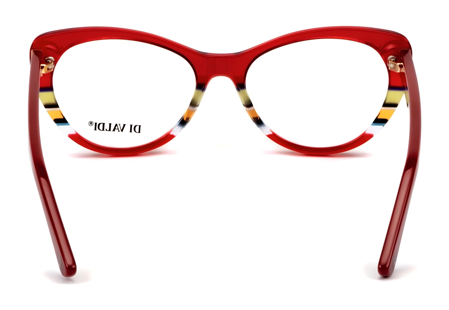 Di Valdi DVO8239 full-rim red cat eye eyeglasses (size 54) feature multicolored striped details on the inner arms, as seen from the back. Di Valdi DVO8239 full-rim red cat eye eyeglasses (size 54) feature multicolored striped details on the inner arms, as seen from the back.