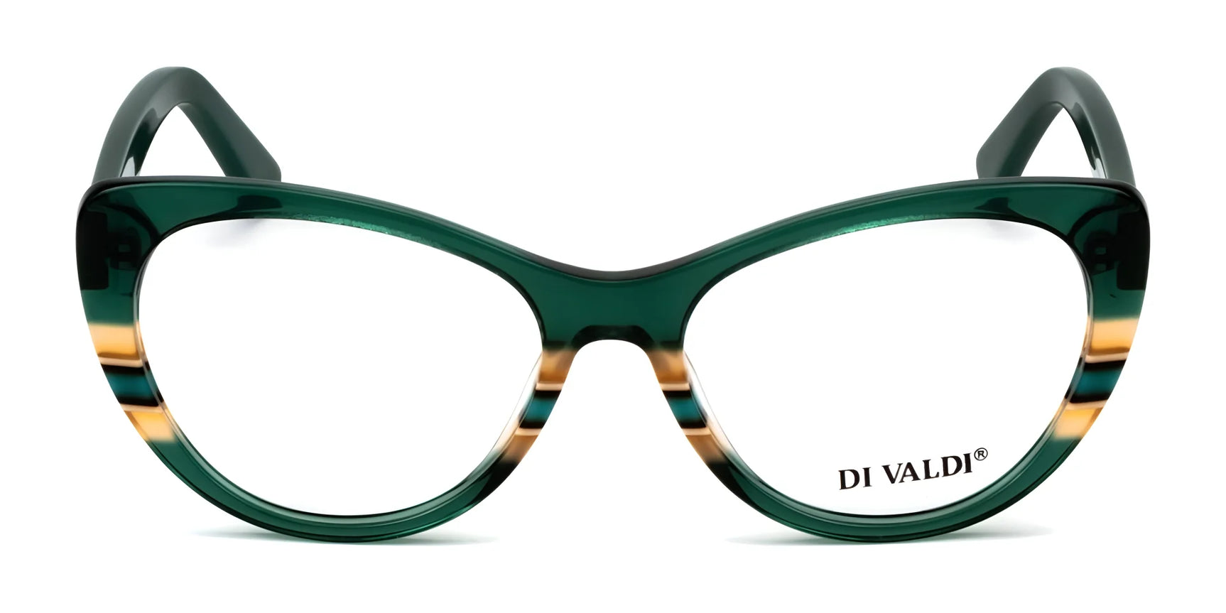 Di Valdi DVO8239 Eyeglasses (Size 54) feature a full-rim cat eye design in green with transparent lenses and the "DI VALDI" logo on the right lens. Di Valdi DVO8239 Eyeglasses (Size 54) feature a full-rim cat eye design in green with transparent lenses and the "DI VALDI" logo on the right lens.