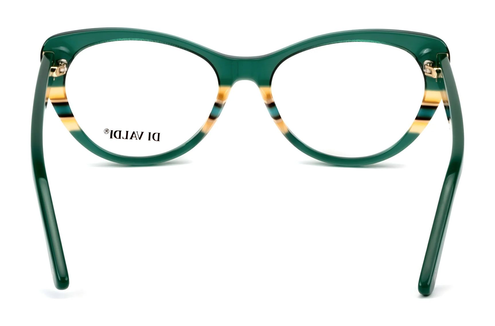 Di Valdi DVO8239 Eyeglasses | Size 54 feature green cat eye frames with subtle yellow and brown striped inner arms. This chic full-rim style adds unique flair to your everyday look. Di Valdi DVO8239 Eyeglasses | Size 54 feature green cat eye frames with subtle yellow and brown striped inner arms. This chic full-rim style adds unique flair to your everyday look.