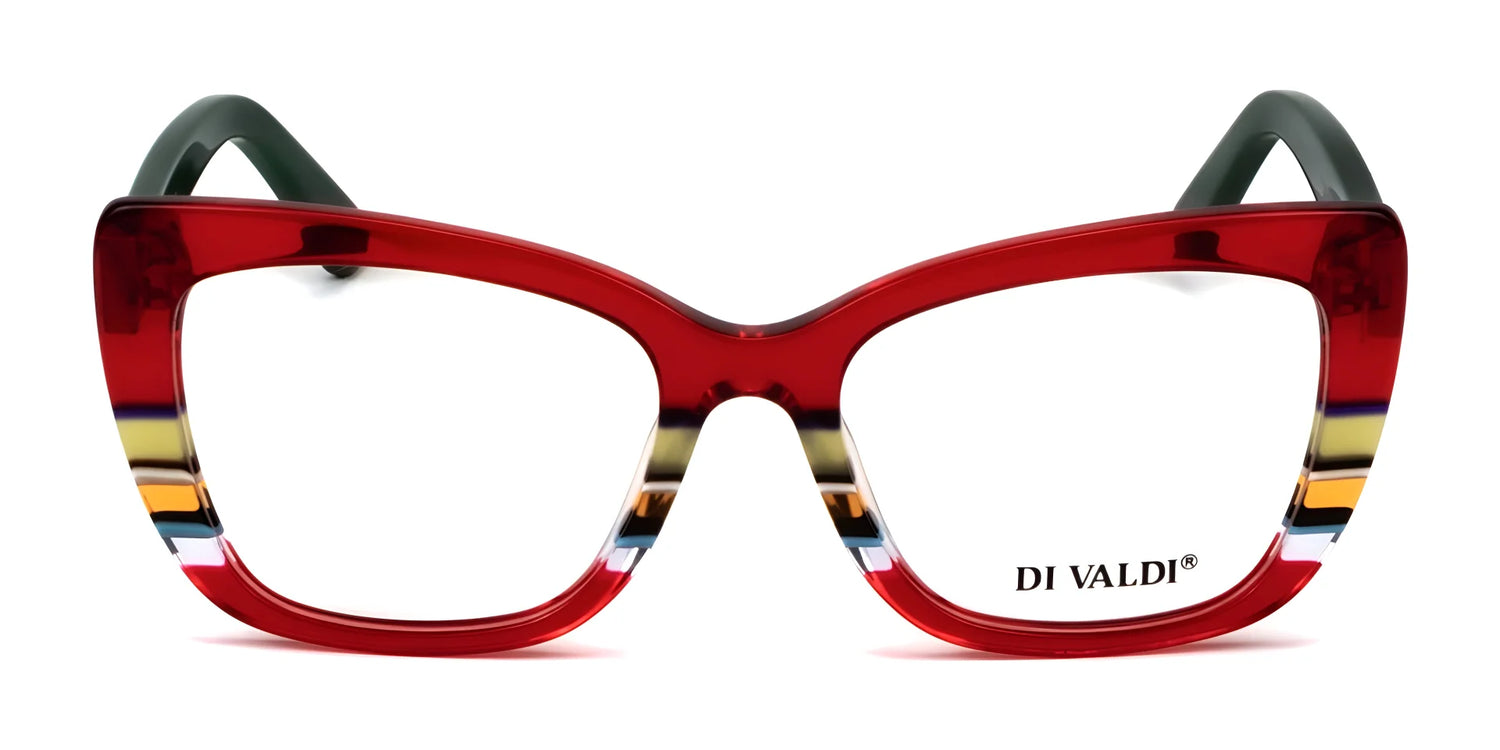 Di Valdi DVO8240 Eyeglasses | Size 53 feature a red and multicolored cat eye design with the Di Valdi logo on the right lens, perfect for stylish women's eyewear. Di Valdi DVO8240 Eyeglasses | Size 53 feature a red and multicolored cat eye design with the Di Valdi logo on the right lens, perfect for stylish women's eyewear.