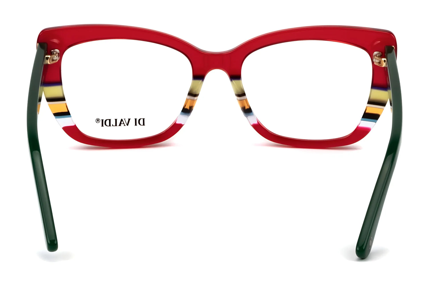 Di Valdi DVO8240 eyeglasses in size 53 feature red cat-eye frames with colorful striped accents and dark green arms—a fashionable women's eyewear choice from Di Valdi. Di Valdi DVO8240 eyeglasses in size 53 feature red cat-eye frames with colorful striped accents and dark green arms—a fashionable women's eyewear choice from Di Valdi.