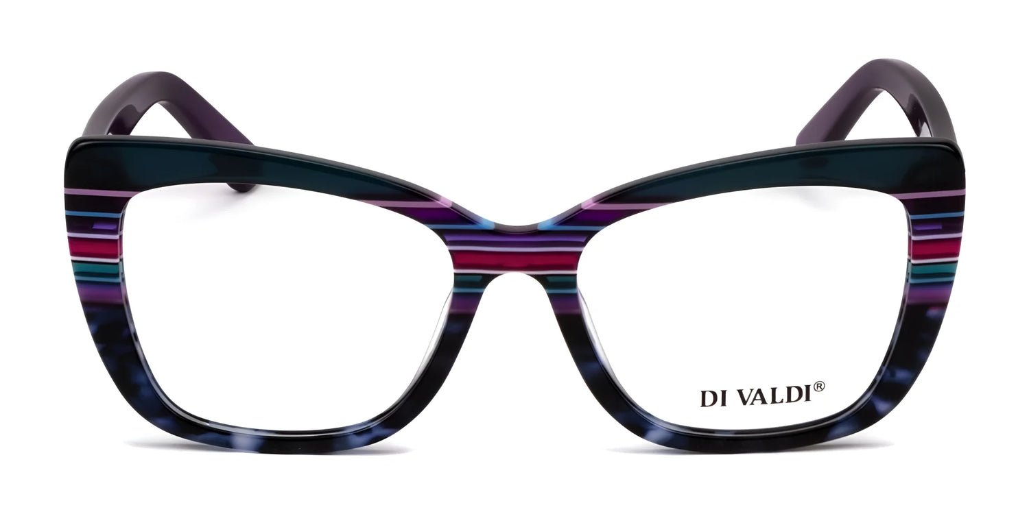 The Di Valdi DVO8240 Eyeglasses | Size 53 feature cat-eye frames with blue, purple, and pink stripes, "DI VALDI" on one lens—a stylish choice for women’s eyewear collections. The Di Valdi DVO8240 Eyeglasses | Size 53 feature cat-eye frames with blue, purple, and pink stripes, "DI VALDI" on one lens—a stylish choice for women’s eyewear collections.