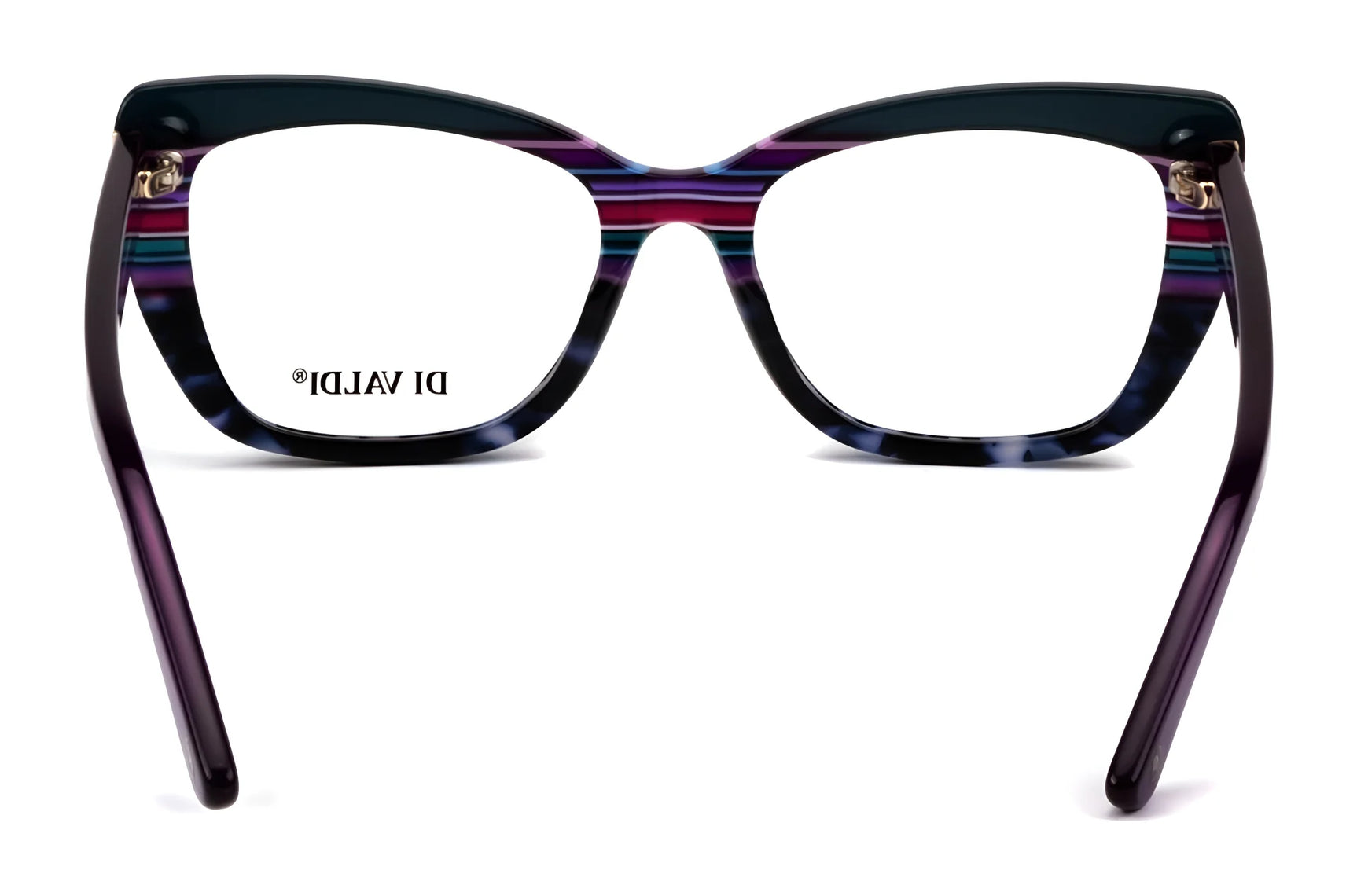 The Di Valdi DVO8240 Eyeglasses in size 53 feature a purple and black striped cat eye frame, viewed from the back with the "Di Valdi" logo on the lens—a fashionable women's eyewear choice. The Di Valdi DVO8240 Eyeglasses in size 53 feature a purple and black striped cat eye frame, viewed from the back with the "Di Valdi" logo on the lens—a fashionable women's eyewear choice.