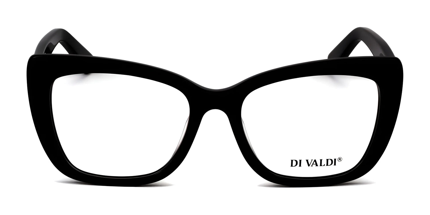 The Di Valdi DVO8240 Eyeglasses (Size 53) feature chic black cat eye frames with clear lenses and the Di Valdi logo on the right lens—a standout piece in women's eyewear. The Di Valdi DVO8240 Eyeglasses (Size 53) feature chic black cat eye frames with clear lenses and the Di Valdi logo on the right lens—a standout piece in women's eyewear.