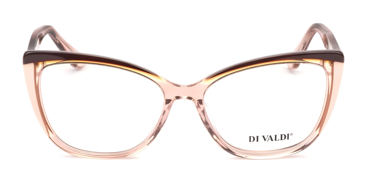 Di Valdi DVO8242 Eyeglasses (size 55) feature cat eye translucent pink frames with a bold dark brown upper edge—a luxurious, standout accessory by Di Valdi. Di Valdi DVO8242 Eyeglasses (size 55) feature cat eye translucent pink frames with a bold dark brown upper edge—a luxurious, standout accessory by Di Valdi.