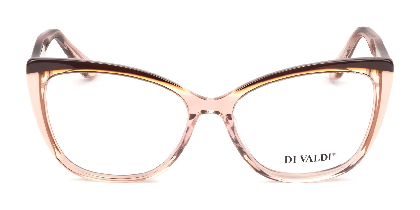Di Valdi DVO8242 Eyeglasses (size 55) feature cat eye translucent pink frames with a bold dark brown upper edge—a luxurious, standout accessory by Di Valdi. Di Valdi DVO8242 Eyeglasses (size 55) feature cat eye translucent pink frames with a bold dark brown upper edge—a luxurious, standout accessory by Di Valdi.