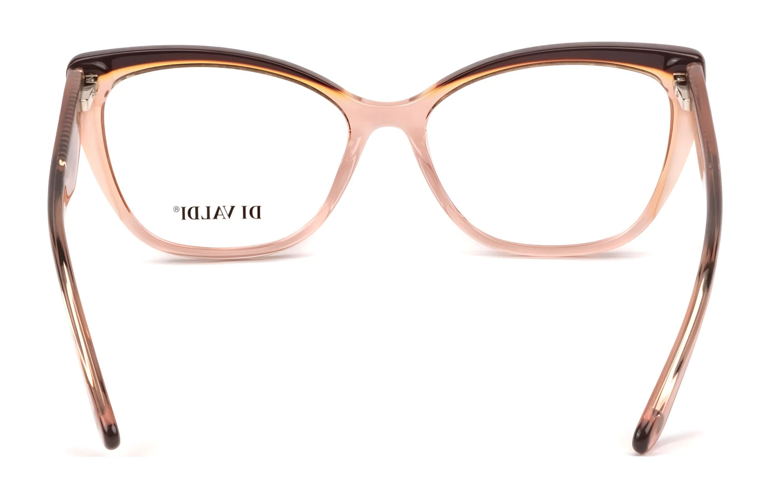 Front view of Di Valdi DVO8242 Eyeglasses in brown and pink cat-eye style, featuring "DI VALDI" on the left lens—a refined choice from Di Valdi's luxury collection. Size 55. Front view of Di Valdi DVO8242 Eyeglasses in brown and pink cat-eye style, featuring "DI VALDI" on the left lens—a refined choice from Di Valdi's luxury collection. Size 55.