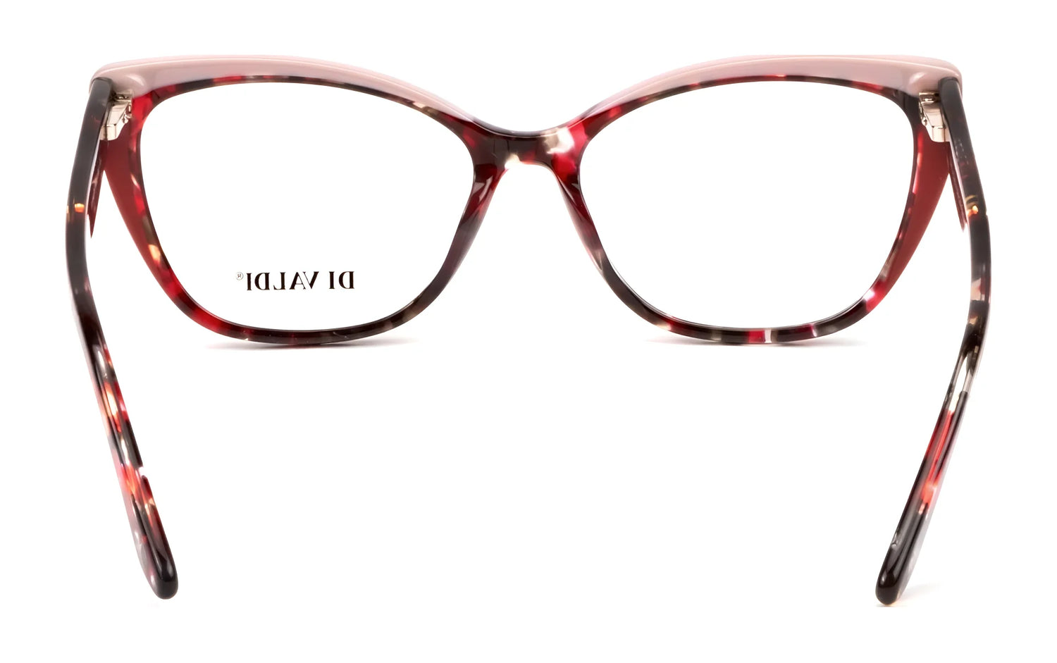 The Di Valdi DVO8242 Eyeglasses in size 55 feature a red and brown tortoiseshell cat eye style, displayed from the front on a white background to highlight their luxurious design. The Di Valdi DVO8242 Eyeglasses in size 55 feature a red and brown tortoiseshell cat eye style, displayed from the front on a white background to highlight their luxurious design.