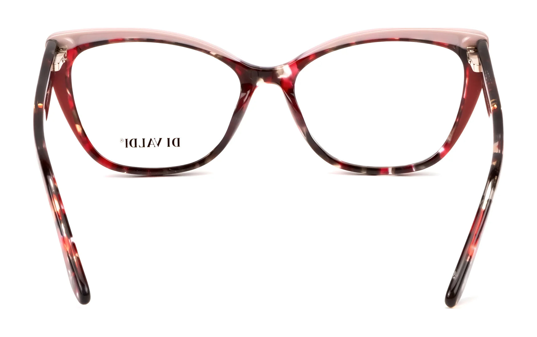 The Di Valdi DVO8242 Eyeglasses in size 55 feature a red and brown tortoiseshell cat eye style, displayed from the front on a white background to highlight their luxurious design. The Di Valdi DVO8242 Eyeglasses in size 55 feature a red and brown tortoiseshell cat eye style, displayed from the front on a white background to highlight their luxurious design.