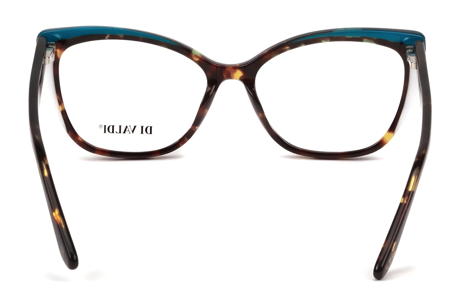 The Di Valdi DVO8242 Eyeglasses | Size 55 feature a cat eye tortoiseshell design with teal accents, seen from the back, embodying the bold elegance and luxury of Di Valdi eyewear. The Di Valdi DVO8242 Eyeglasses | Size 55 feature a cat eye tortoiseshell design with teal accents, seen from the back, embodying the bold elegance and luxury of Di Valdi eyewear.