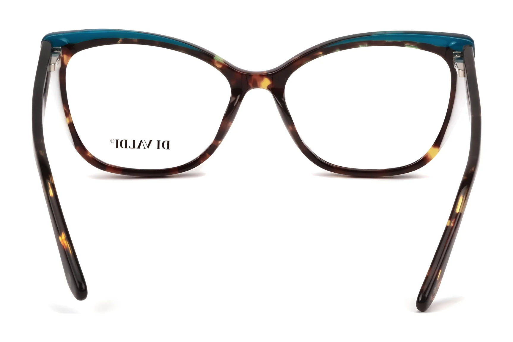 The Di Valdi DVO8242 Eyeglasses | Size 55 feature a cat eye tortoiseshell design with teal accents, seen from the back, embodying the bold elegance and luxury of Di Valdi eyewear. The Di Valdi DVO8242 Eyeglasses | Size 55 feature a cat eye tortoiseshell design with teal accents, seen from the back, embodying the bold elegance and luxury of Di Valdi eyewear.