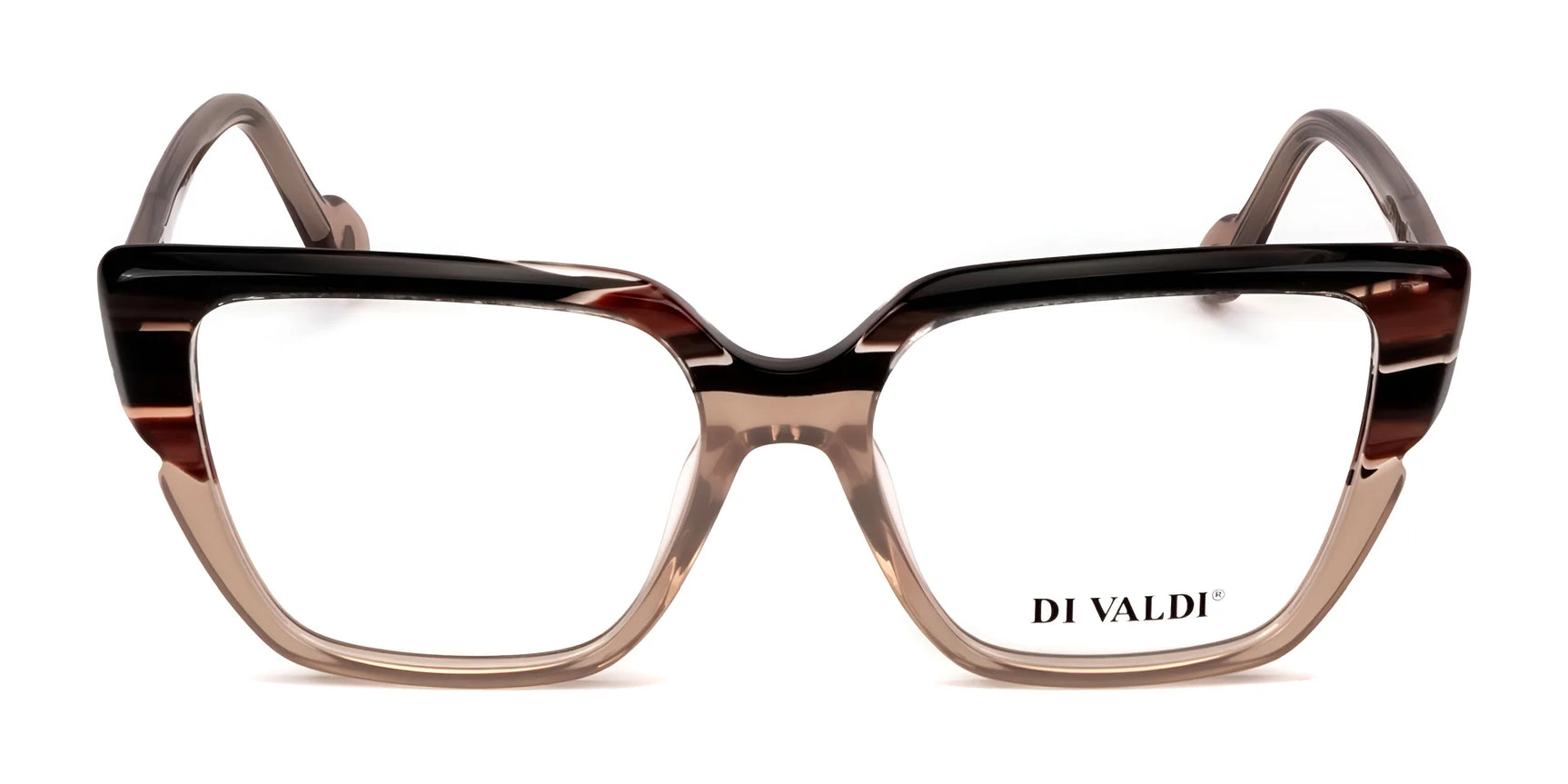The Di Valdi DVO8247 Eyeglasses | Size 51 feature a brown and black gradient Cat Eye frame with "Di Valdi" branding on the lens. These stylish eyeglasses are prescription-ready for your convenience. The Di Valdi DVO8247 Eyeglasses | Size 51 feature a brown and black gradient Cat Eye frame with "Di Valdi" branding on the lens. These stylish eyeglasses are prescription-ready for your convenience.