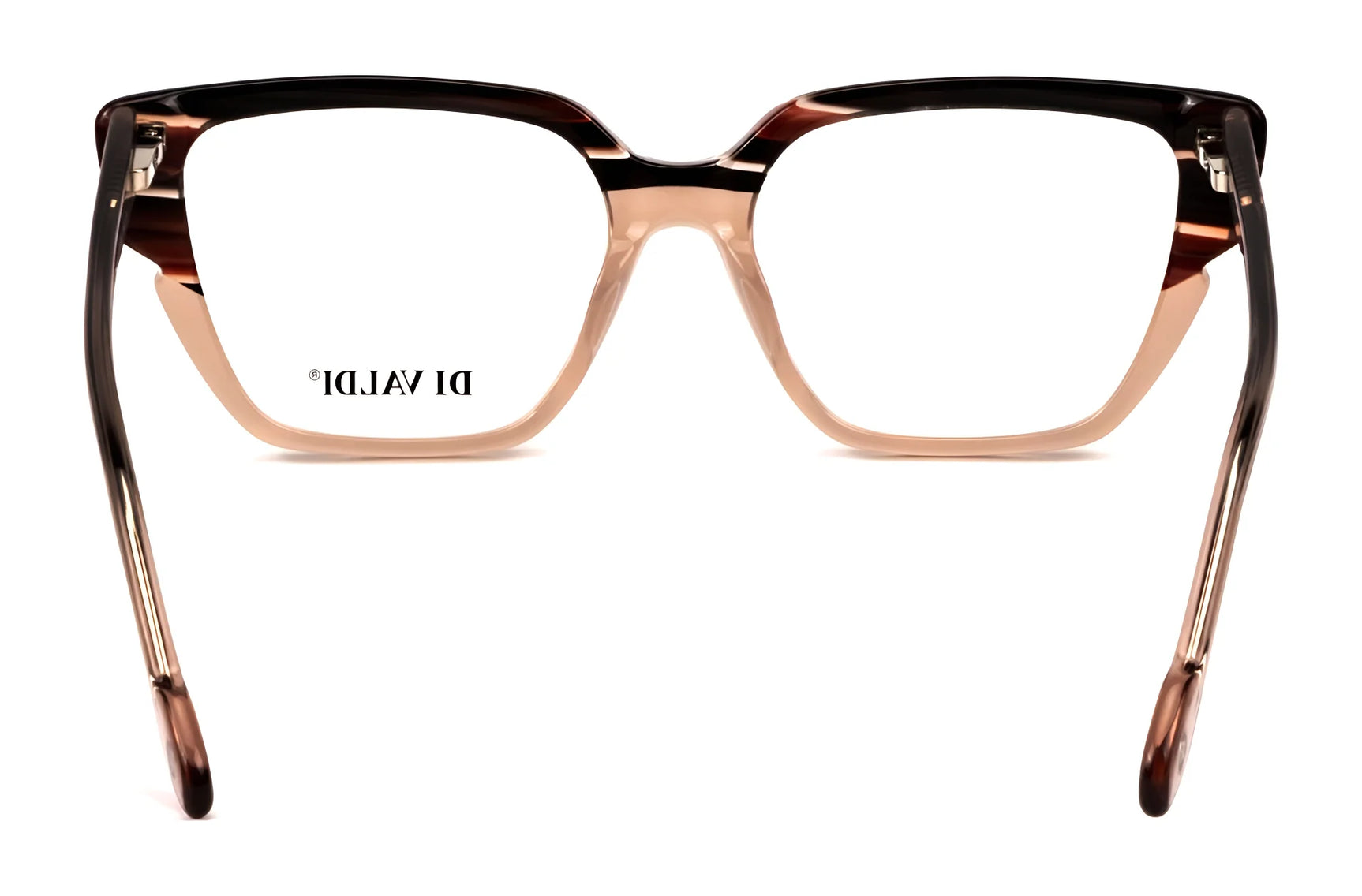 Front view of Di Valdi DVO8247 Eyeglasses | Size 51, featuring square, two-tone brown prescription-ready frames with "DI VALDI" text on the left lens. Front view of Di Valdi DVO8247 Eyeglasses | Size 51, featuring square, two-tone brown prescription-ready frames with "DI VALDI" text on the left lens.