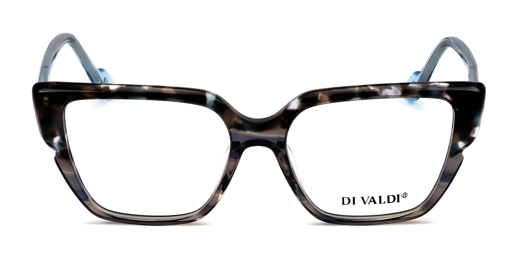Front view of Di Valdi DVO8247 Eyeglasses (Size 51), featuring a black and white marbled cat-eye frame with "DI VALDI" on one lens. Prescription ready. Front view of Di Valdi DVO8247 Eyeglasses (Size 51), featuring a black and white marbled cat-eye frame with "DI VALDI" on one lens. Prescription ready.