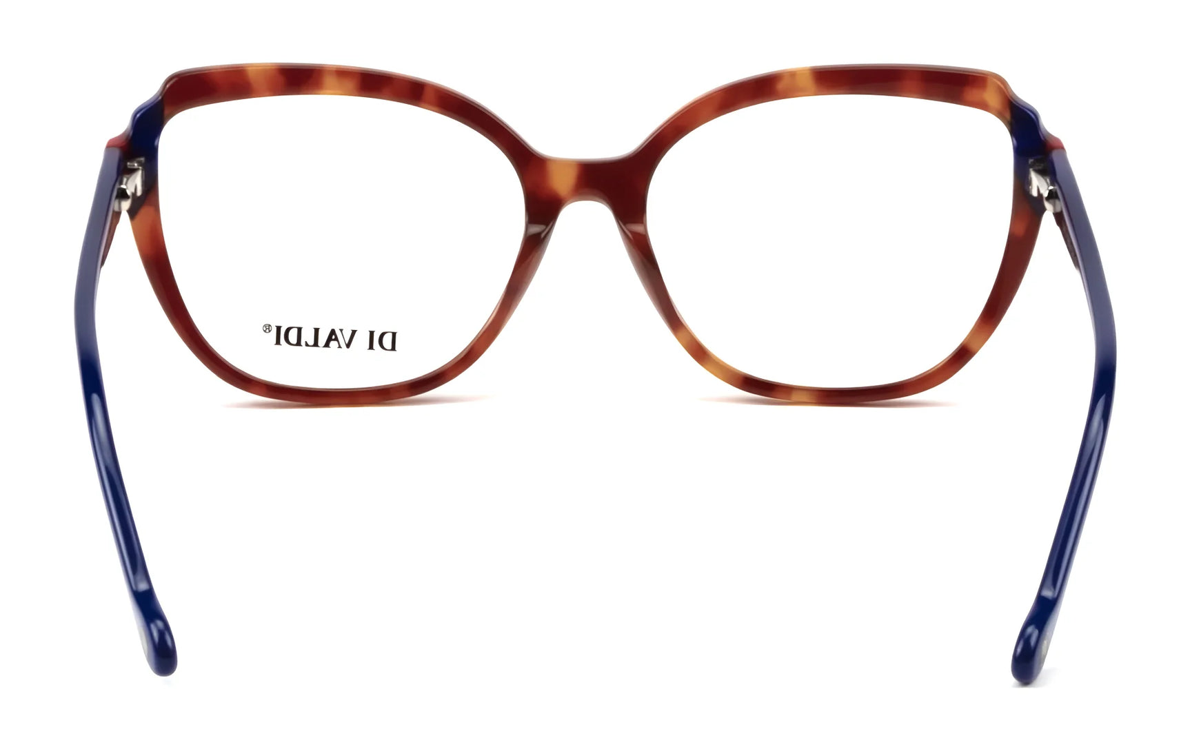 Di Valdi DVO8250 Eyeglasses (size 54) feature tortoiseshell frames with blue arms, Italian design, and the "Di Valdi" brand on the lens—seen from the front. Di Valdi DVO8250 Eyeglasses (size 54) feature tortoiseshell frames with blue arms, Italian design, and the "Di Valdi" brand on the lens—seen from the front.