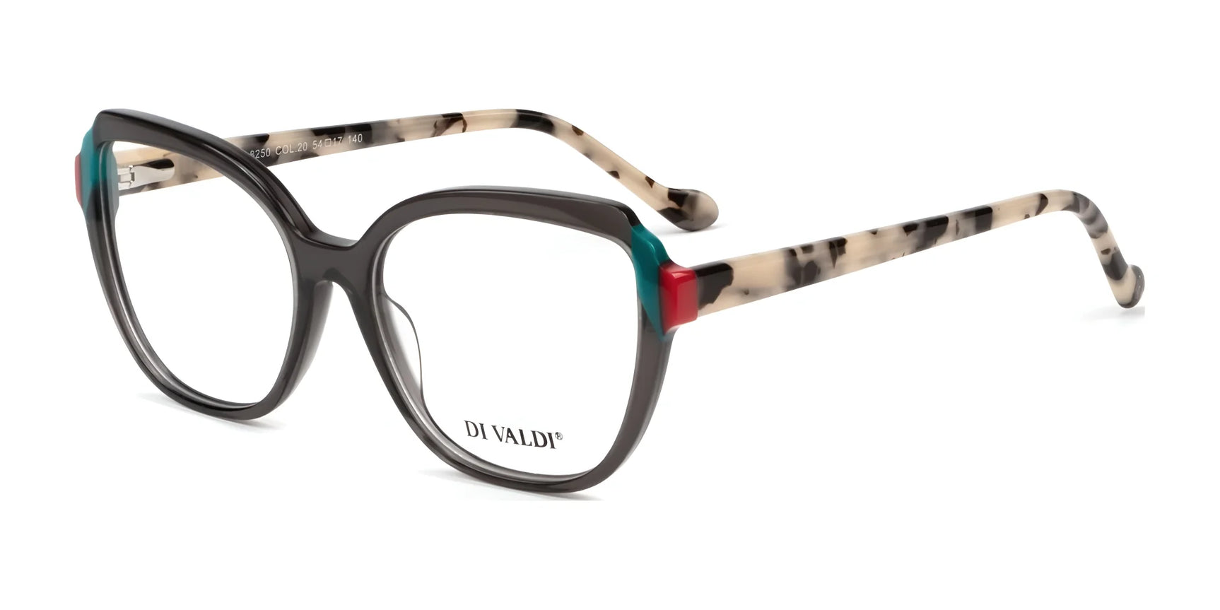The Di Valdi DVO8250 Eyeglasses by Di Valdi feature brown and cream tortoiseshell square frames with colorful front accents and Italian-inspired design. Size 54. The Di Valdi DVO8250 Eyeglasses by Di Valdi feature brown and cream tortoiseshell square frames with colorful front accents and Italian-inspired design. Size 54.