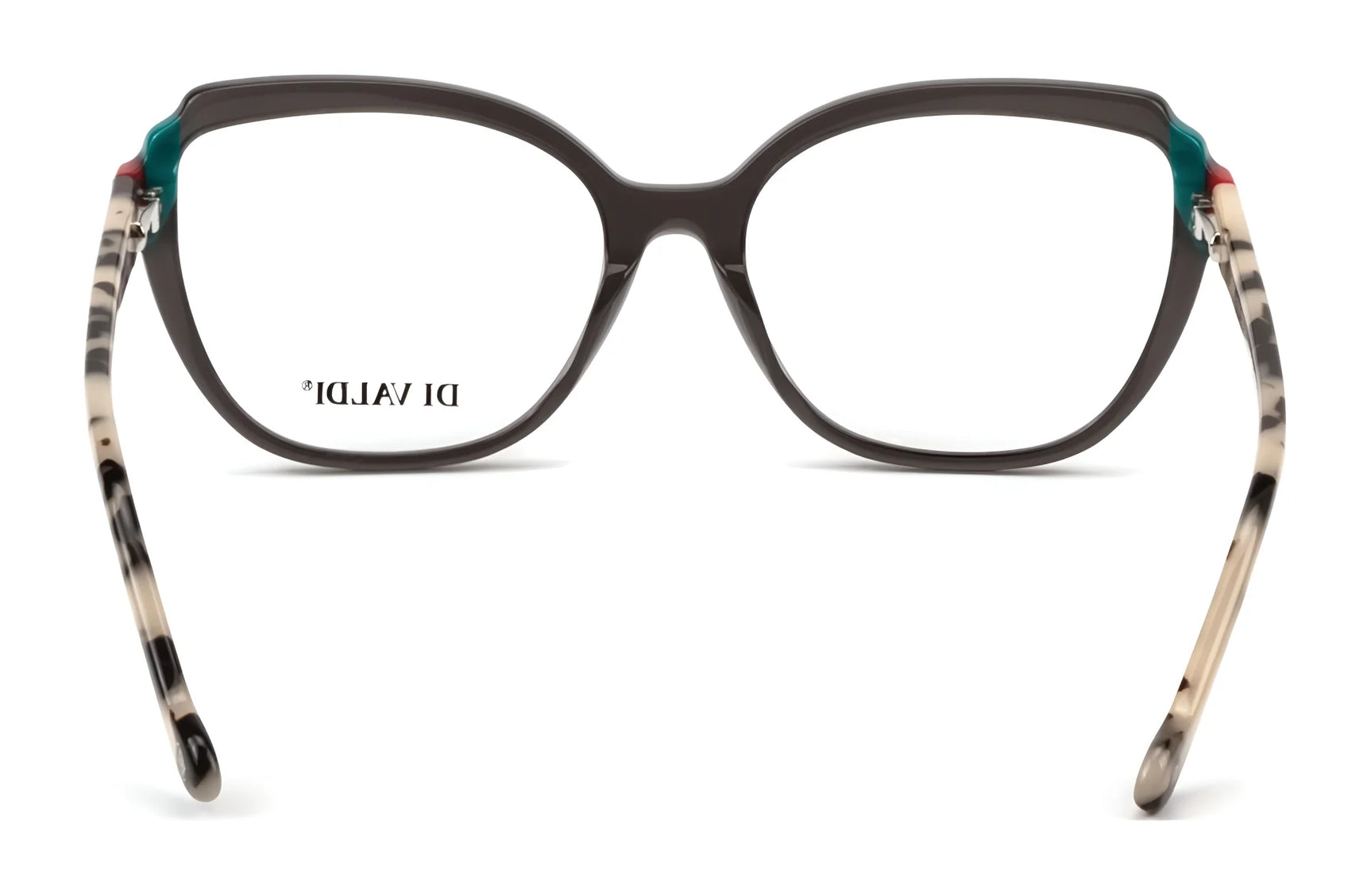 Front view of Di Valdi DVO8250 Eyeglasses | Size 54 cat eye frames, with black rims, patterned beige arms, and teal-hinged accents—a refined Italian-inspired design from Di Valdi. Front view of Di Valdi DVO8250 Eyeglasses | Size 54 cat eye frames, with black rims, patterned beige arms, and teal-hinged accents—a refined Italian-inspired design from Di Valdi.
