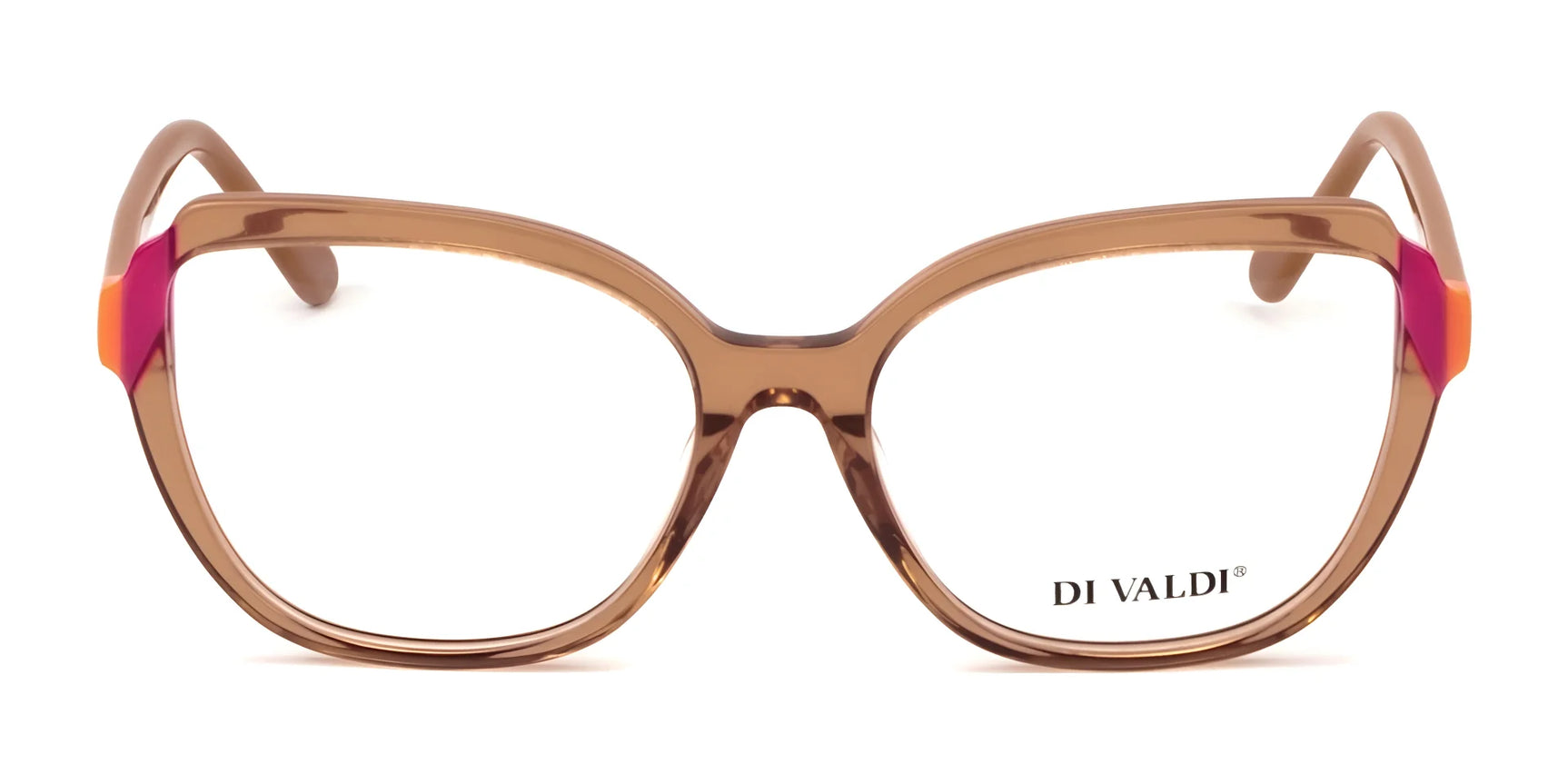 Di Valdi DVO8250 Eyeglasses | Size 54 feature a brown rectangular frame, clear lenses, elegant Italian design, and the "DI VALDI" logo on the right lens. Di Valdi DVO8250 Eyeglasses | Size 54 feature a brown rectangular frame, clear lenses, elegant Italian design, and the "DI VALDI" logo on the right lens.