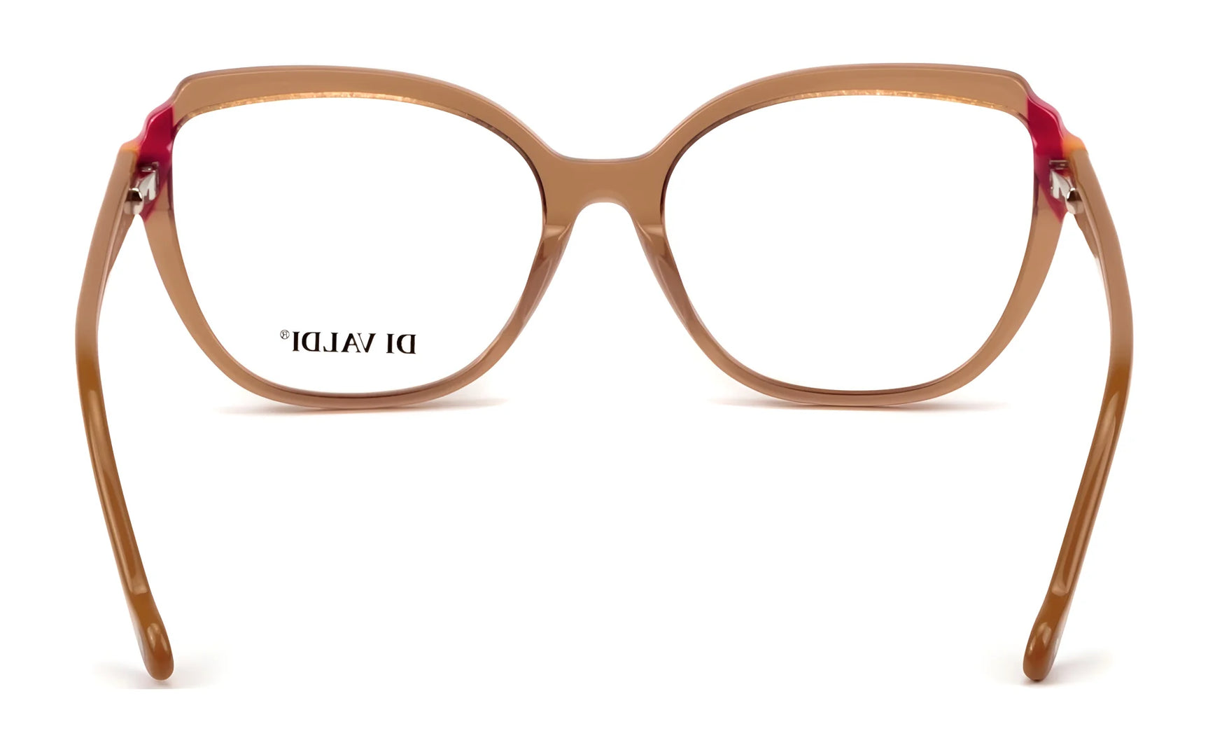 Di Valdi DVO8250 Eyeglasses in size 54 feature brown frames with clear lenses and the Di Valdi brand name printed in reverse, highlighting classic Italian design. Di Valdi DVO8250 Eyeglasses in size 54 feature brown frames with clear lenses and the Di Valdi brand name printed in reverse, highlighting classic Italian design.
