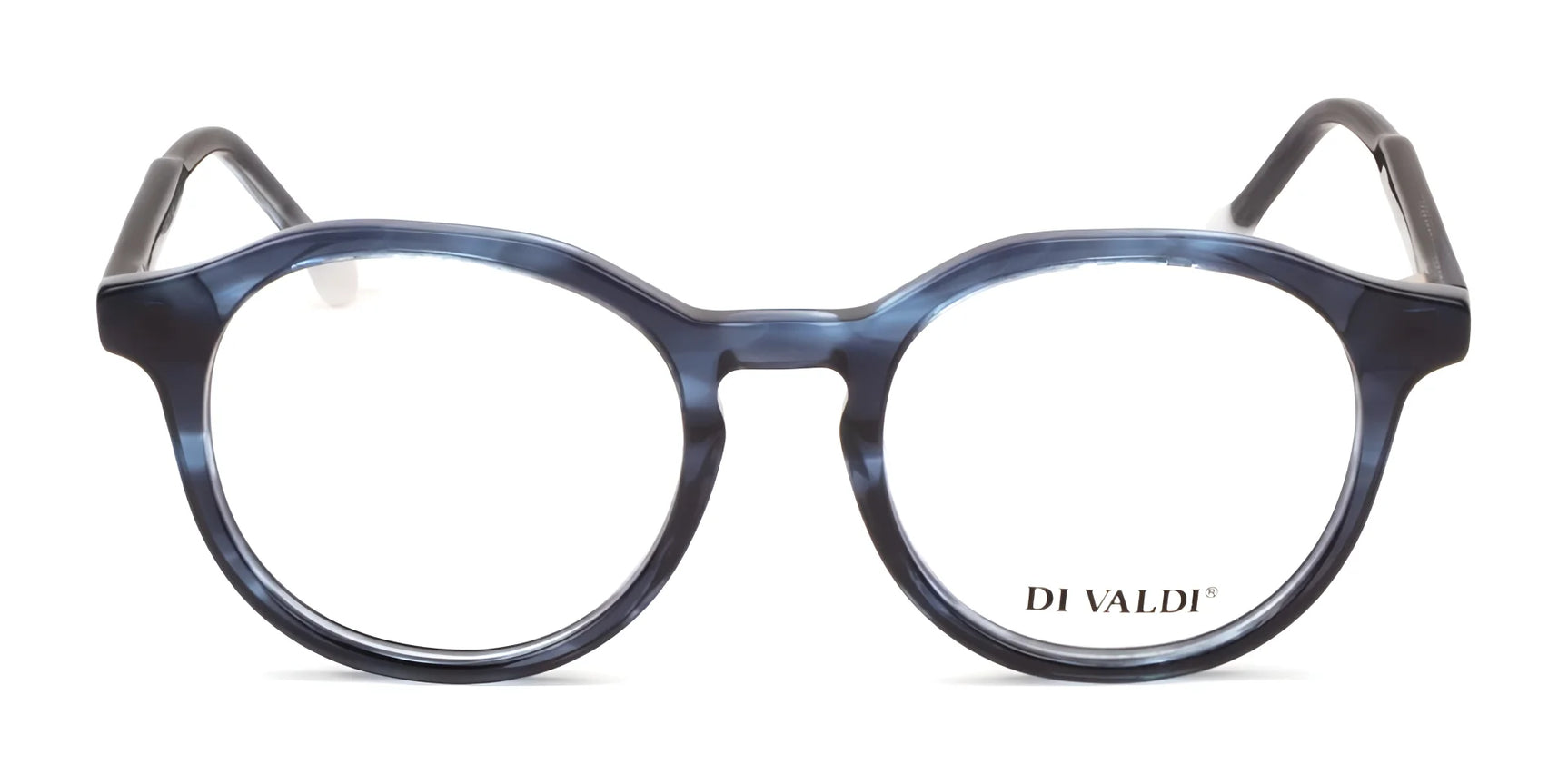 The Di Valdi DVO8251 Eyeglasses | Size 49 feature round blue acetate frames, clear lenses, and "DI VALDI" branding on the right lens for a touch of luxury. The Di Valdi DVO8251 Eyeglasses | Size 49 feature round blue acetate frames, clear lenses, and "DI VALDI" branding on the right lens for a touch of luxury.