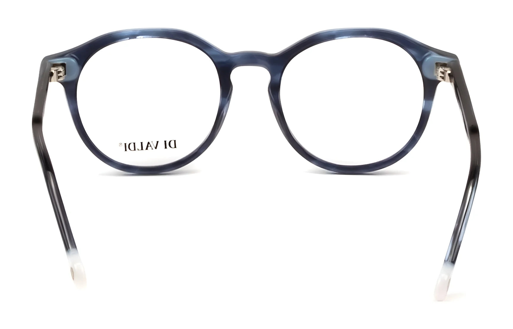 The Di Valdi DVO8251 Eyeglasses (Size 49) feature blue round frames, front view, with "DI VALDI" on the left lens—highlighting the brand's exceptional craftsmanship and timeless style. The Di Valdi DVO8251 Eyeglasses (Size 49) feature blue round frames, front view, with "DI VALDI" on the left lens—highlighting the brand's exceptional craftsmanship and timeless style.