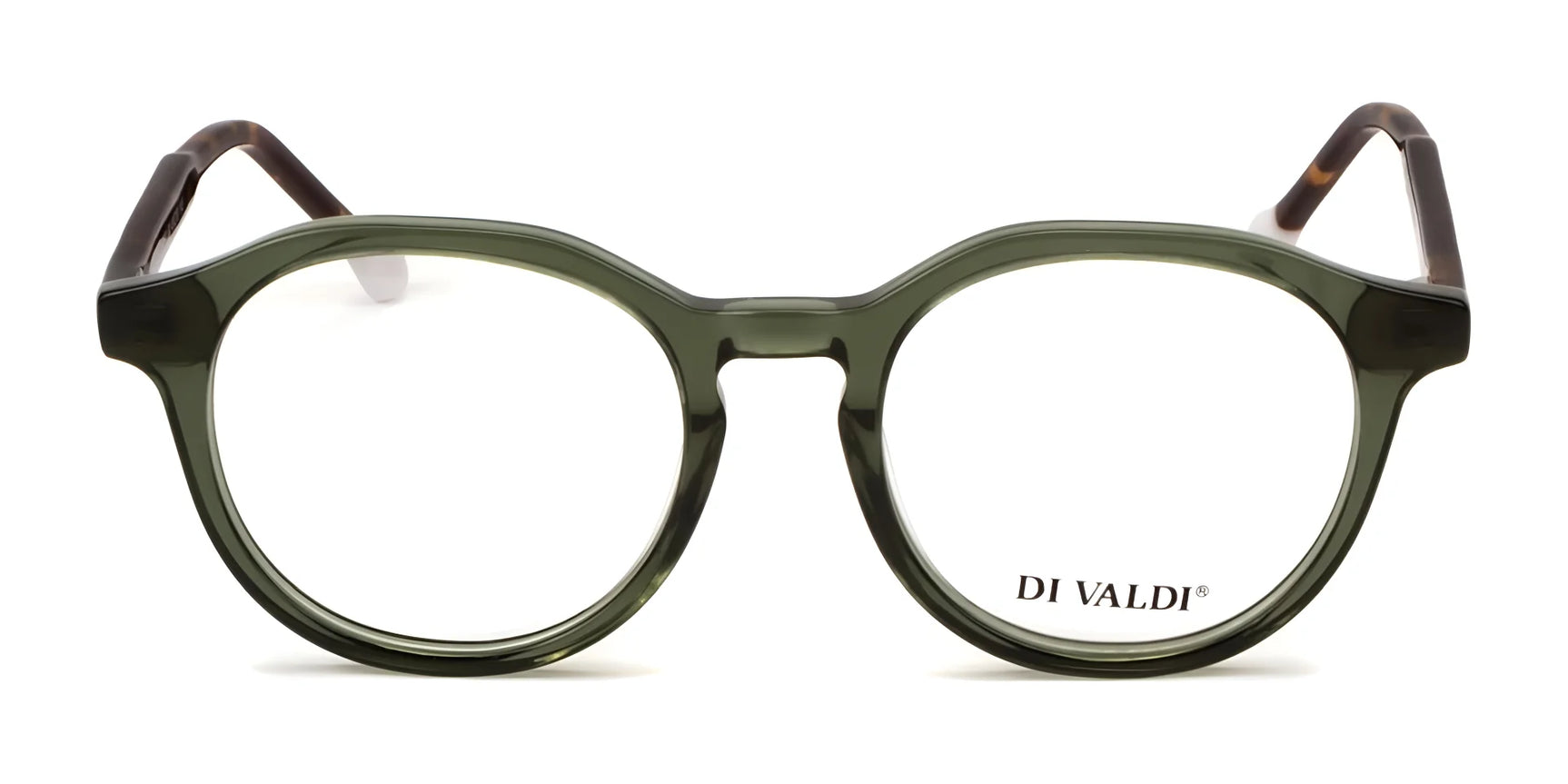 Di Valdi DVO8251 Eyeglasses in round green, size 49, viewed from the front with clear lenses, highlight luxury craftsmanship and feature the "DI VALDI" branding on one lens. Di Valdi DVO8251 Eyeglasses in round green, size 49, viewed from the front with clear lenses, highlight luxury craftsmanship and feature the "DI VALDI" branding on one lens.