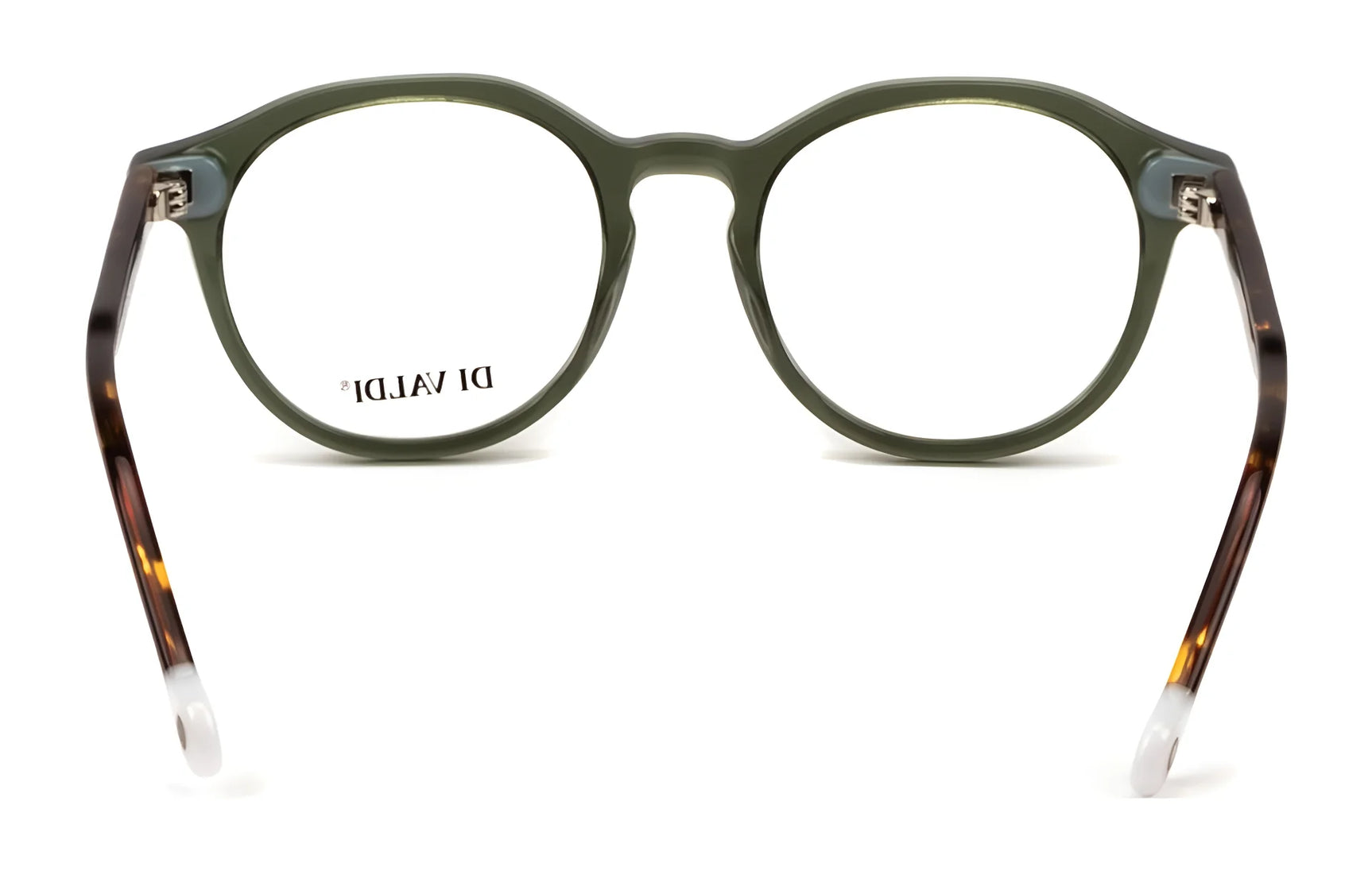 The Di Valdi DVO8251 Eyeglasses (Size 49) feature round green frames with transparent ends, luxury craftsmanship, and the "DI VALDI" logo on the left lens. The Di Valdi DVO8251 Eyeglasses (Size 49) feature round green frames with transparent ends, luxury craftsmanship, and the "DI VALDI" logo on the left lens.