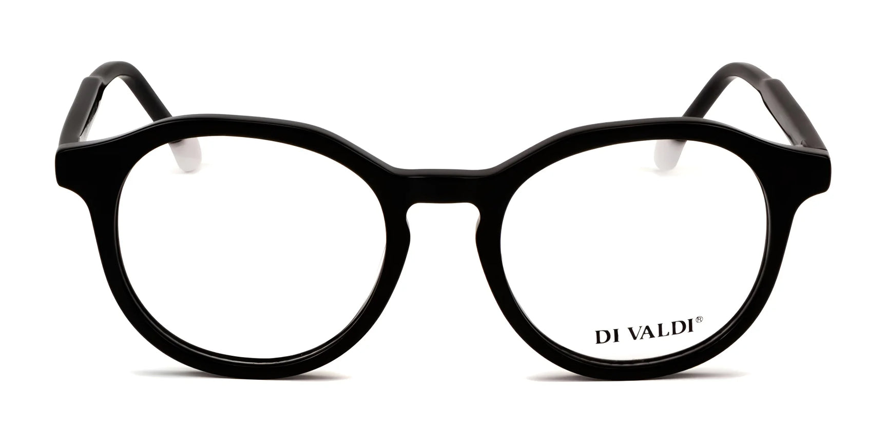 The Di Valdi DVO8251 Eyeglasses, size 49, feature a round black frame with clear lenses and "DI VALDI" elegantly inscribed on the right lens. The Di Valdi DVO8251 Eyeglasses, size 49, feature a round black frame with clear lenses and "DI VALDI" elegantly inscribed on the right lens.