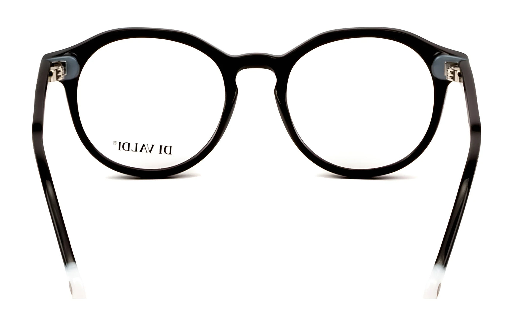 Di Valdi DVO8251 Eyeglasses (Size 49) in black, round shape with clear lenses, shown from the front against a white background. Di Valdi DVO8251 Eyeglasses (Size 49) in black, round shape with clear lenses, shown from the front against a white background.