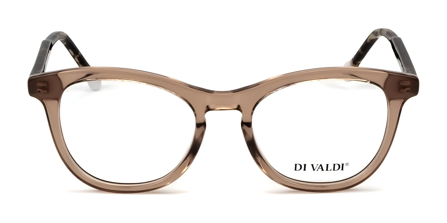 Di Valdi DVO8252 eyeglasses feature a brown transparent, round full-rim design with the elegant "DI VALDI" logo on the right lens. Di Valdi DVO8252 eyeglasses feature a brown transparent, round full-rim design with the elegant "DI VALDI" logo on the right lens.