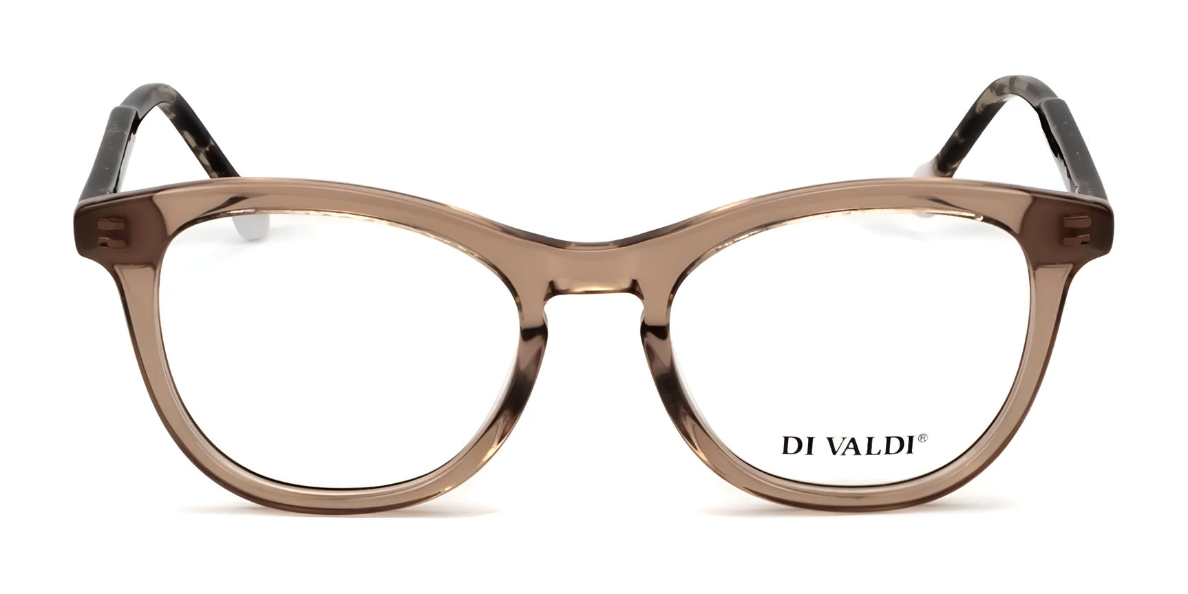 Di Valdi DVO8252 eyeglasses feature a brown transparent, round full-rim design with the elegant "DI VALDI" logo on the right lens. Di Valdi DVO8252 eyeglasses feature a brown transparent, round full-rim design with the elegant "DI VALDI" logo on the right lens.