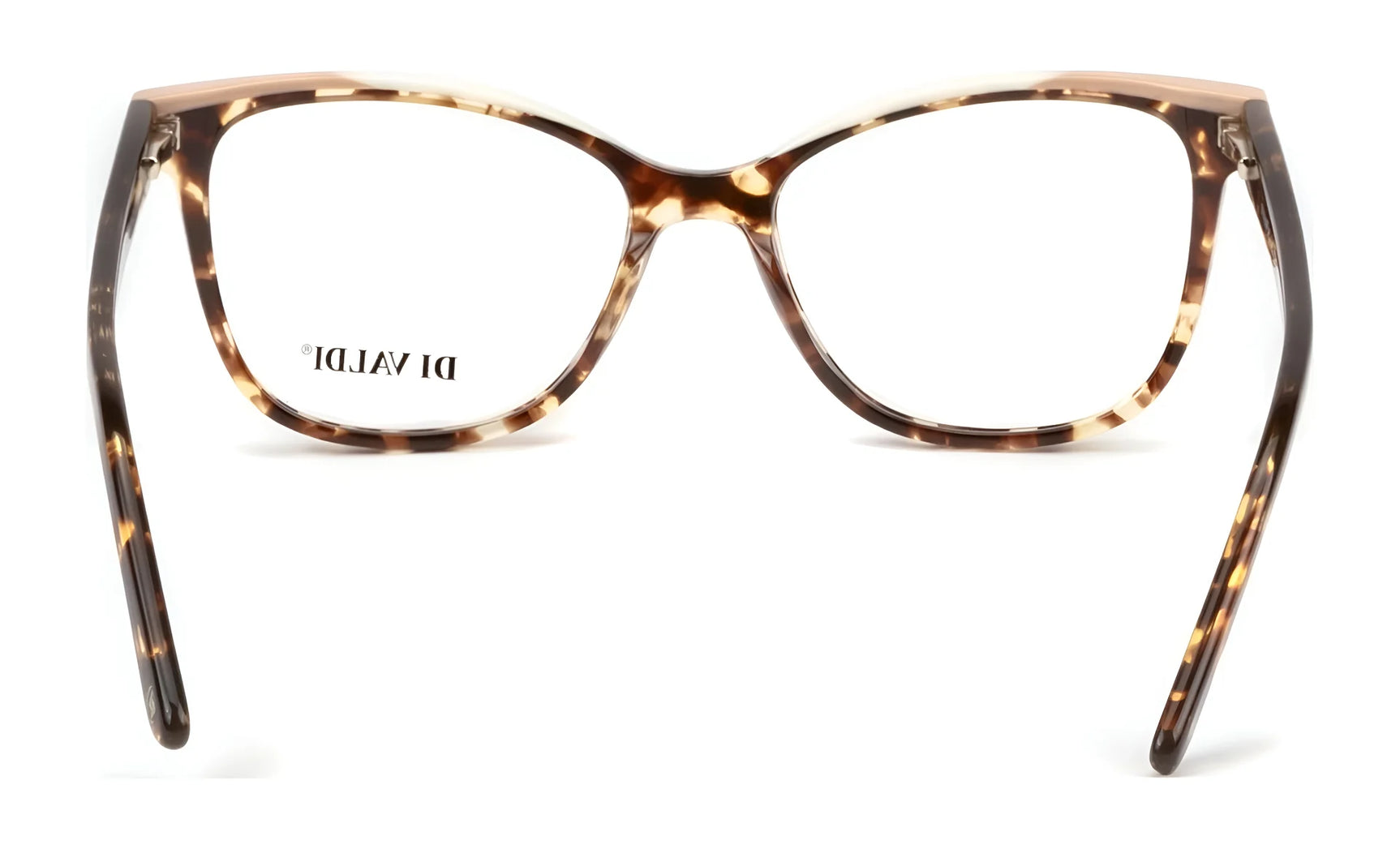Front view of brown tortoiseshell cat eye Di Valdi DVO8254 eyeglasses with wide arms and "DI VALDI" on the lens. Stylish women's frames for a chic look. Front view of brown tortoiseshell cat eye Di Valdi DVO8254 eyeglasses with wide arms and "DI VALDI" on the lens. Stylish women's frames for a chic look.