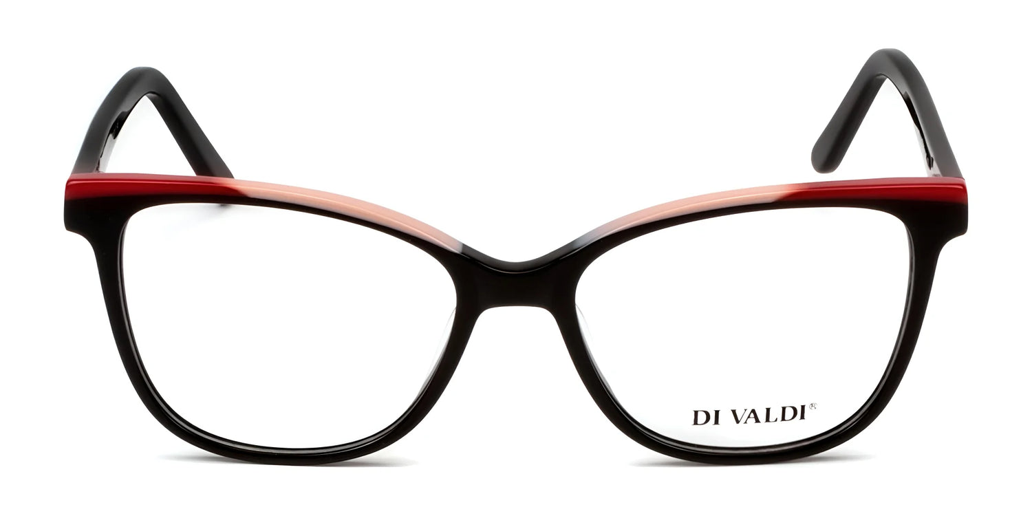 Elevate your style with Di Valdi DVO8254 Eyeglasses—sleek black cat eye frames highlighted by a bold red top rim and signature "DI VALDI" branding on the lens. Perfect for women seeking a standout, fashionable look. Elevate your style with Di Valdi DVO8254 Eyeglasses—sleek black cat eye frames highlighted by a bold red top rim and signature "DI VALDI" branding on the lens. Perfect for women seeking a standout, fashionable look.