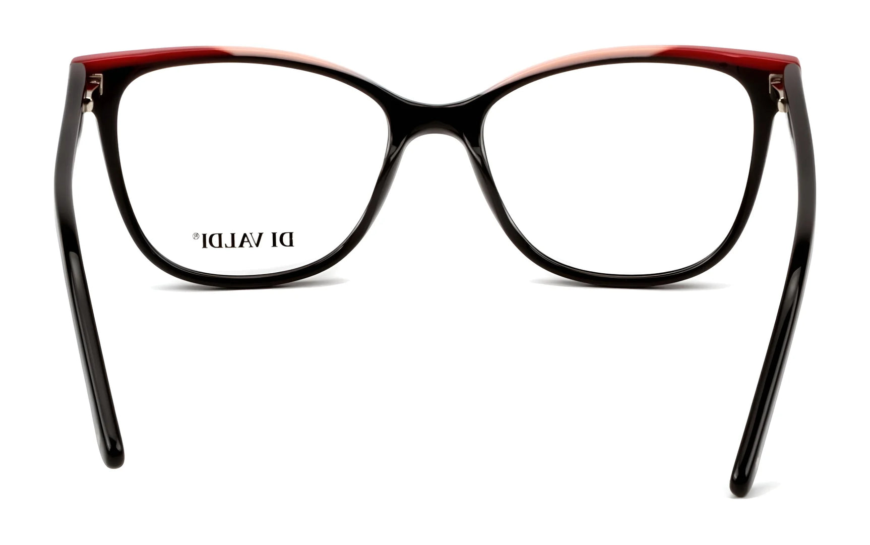 Black and red cat eye Di Valdi DVO8254 Eyeglasses, featuring the Di Valdi logo on the left lens, shown from the front—perfect for making a bold statement. Black and red cat eye Di Valdi DVO8254 Eyeglasses, featuring the Di Valdi logo on the left lens, shown from the front—perfect for making a bold statement.