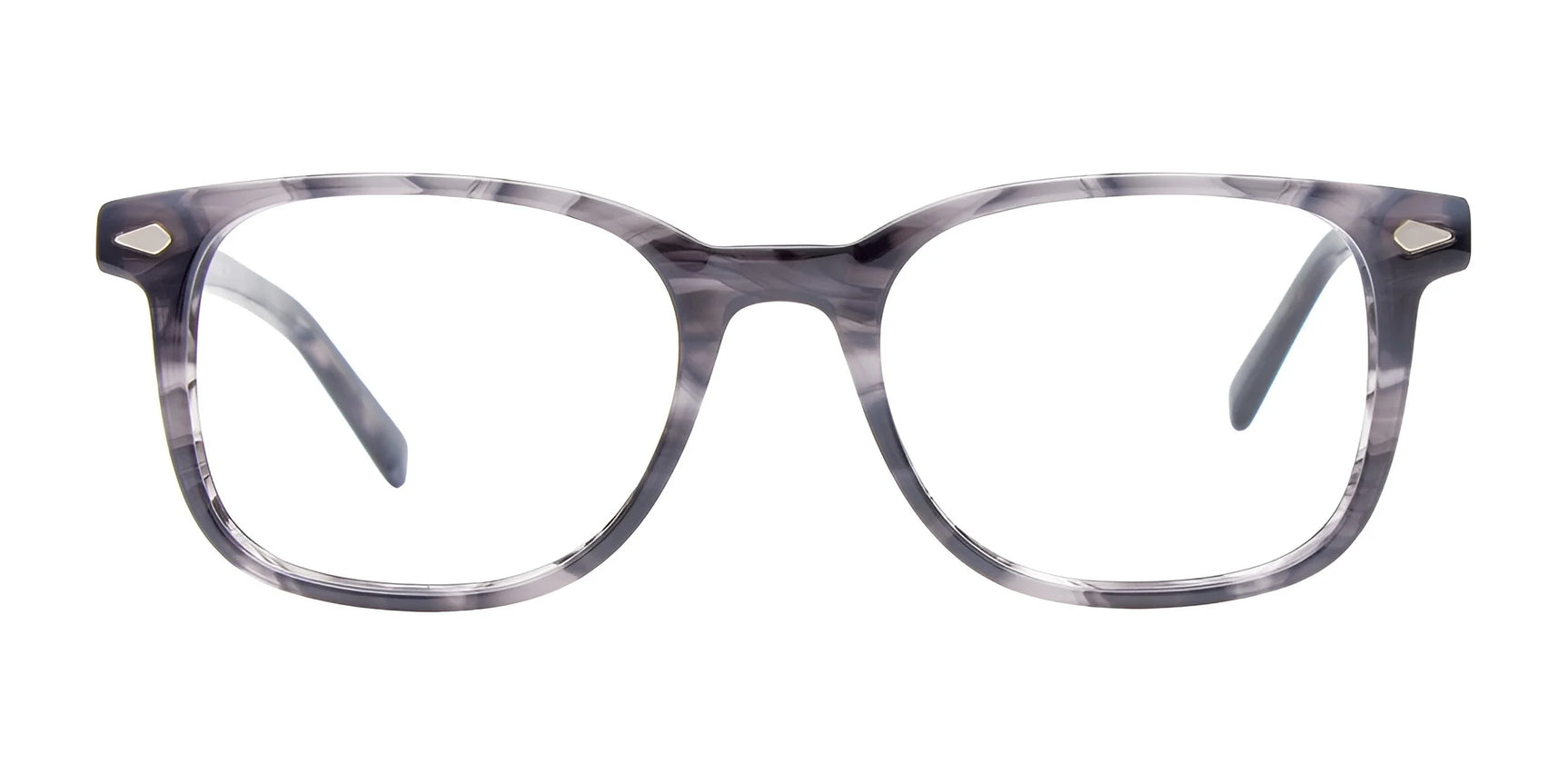 The Easy3Clip EC653 eyeglasses feature a gray marbled square design and include clip-on sunglasses, offering versatile and stylish wear. The Easy3Clip EC653 eyeglasses feature a gray marbled square design and include clip-on sunglasses, offering versatile and stylish wear.