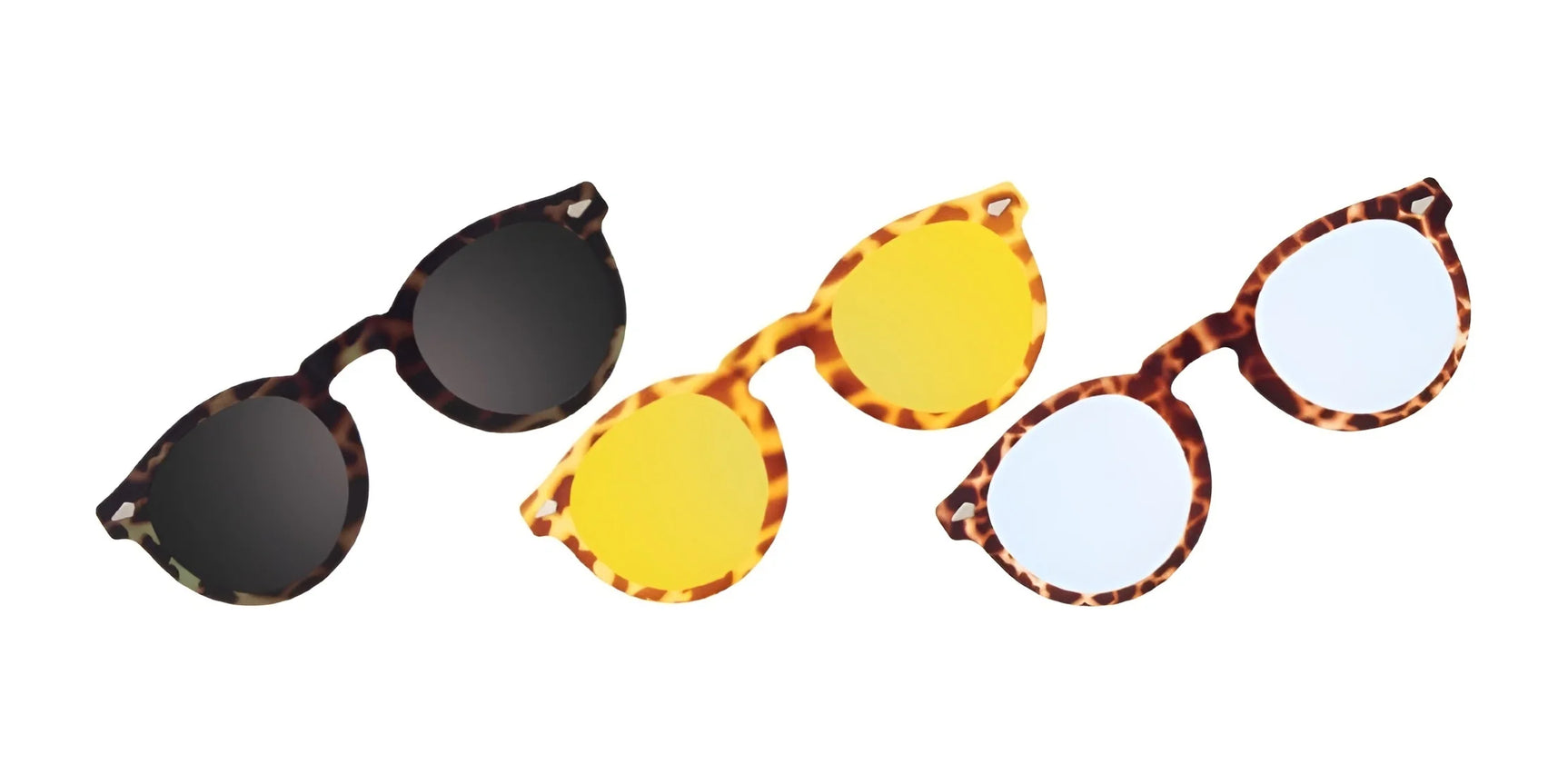 The Easy3Clip EC655 from Easy3Clip offers three stylish pairs of clip-on sunglasses with tortoiseshell frames and lenses in black, yellow, and light blue. These versatile options make it convenient to switch up your look in any setting. The Easy3Clip EC655 from Easy3Clip offers three stylish pairs of clip-on sunglasses with tortoiseshell frames and lenses in black, yellow, and light blue. These versatile options make it convenient to switch up your look in any setting.